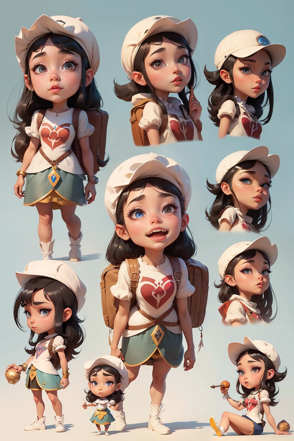 Cartoon character of Snow White girl, Snow-white skin and black hair, Blue eyes wearing gorgeous couture dresses, skirts and backpacks，Posture and posture are different, Cartoon concept art, very stylized character design, Stylized character design, Highly detailed character design, Art for young people in the art station, Character design, disney character style, Concept art for single girl, Animated character design, high quality character design, Character exploration, Great character design, style of disney animation, Character illustration