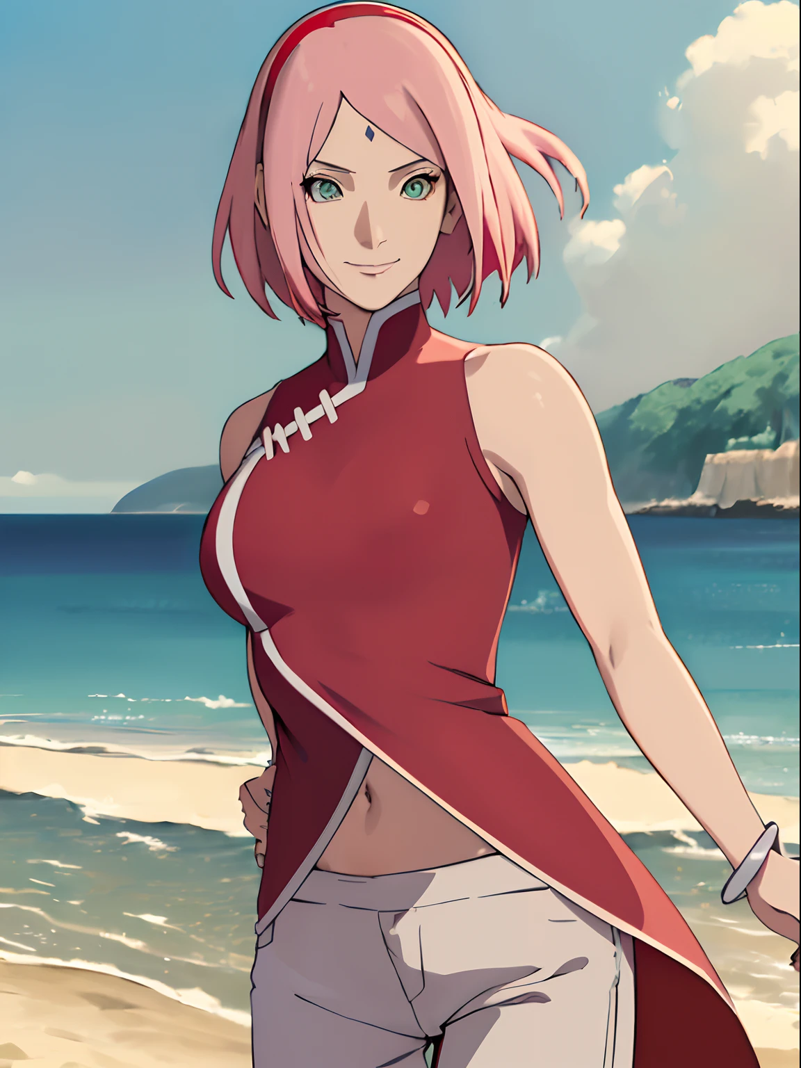 (masterpiece, 1k, anime style, hand drawing, vector coloring, portrait, face shot, professional artwork, detailed beach background, intricate details, colorful, bold drawing lines), (ultra detailed body, ultra detail hair, ultra detail face), trending on pixiv, kind smile, very hot color, best quality, 1girl, hires, haruno sakura, contrasty lighting, (forehead mark, milf, red hairband, pale skin, short hair, ((red sleeveless dress), white pants), navel, groin, bracelet, looking at viewer, crossed arms, pink hair, green eyes, smile, beach, wind, floating hair, detailed arms, off-shoulders, muscular arms, standing), sunnyday