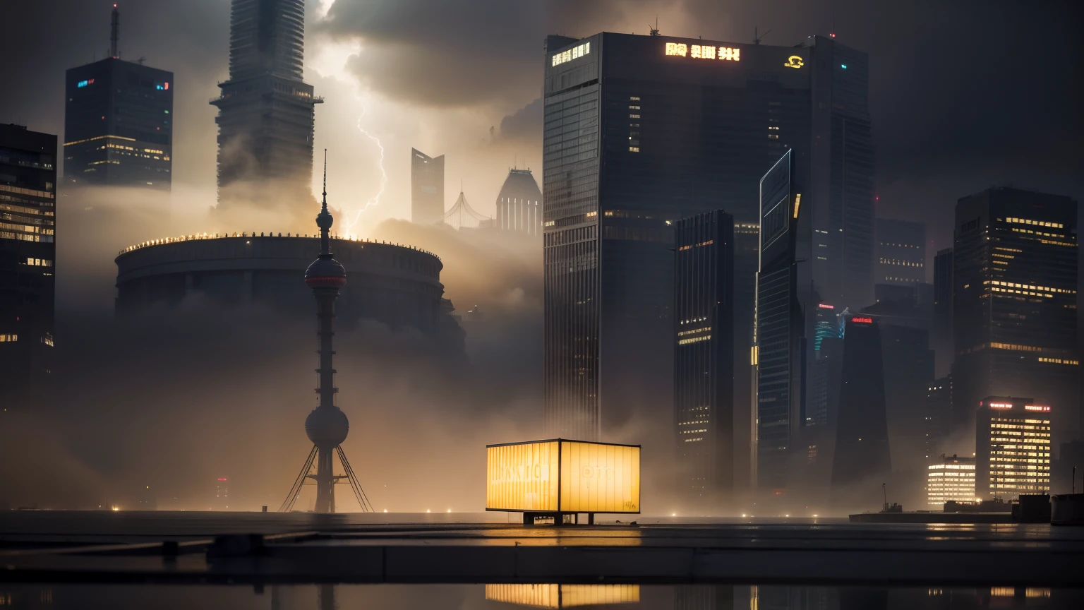 verism style,real photograph,(photore:2),Tall structures,megabuildings,sandstorms,fog atmosphere,rays of sunshine,Dense neon dots,废墟,favela,In front of you is the river,Shanghai Oriental Pearl,Rich layers,Highly meticulous,Rich in detail,Excellent quality