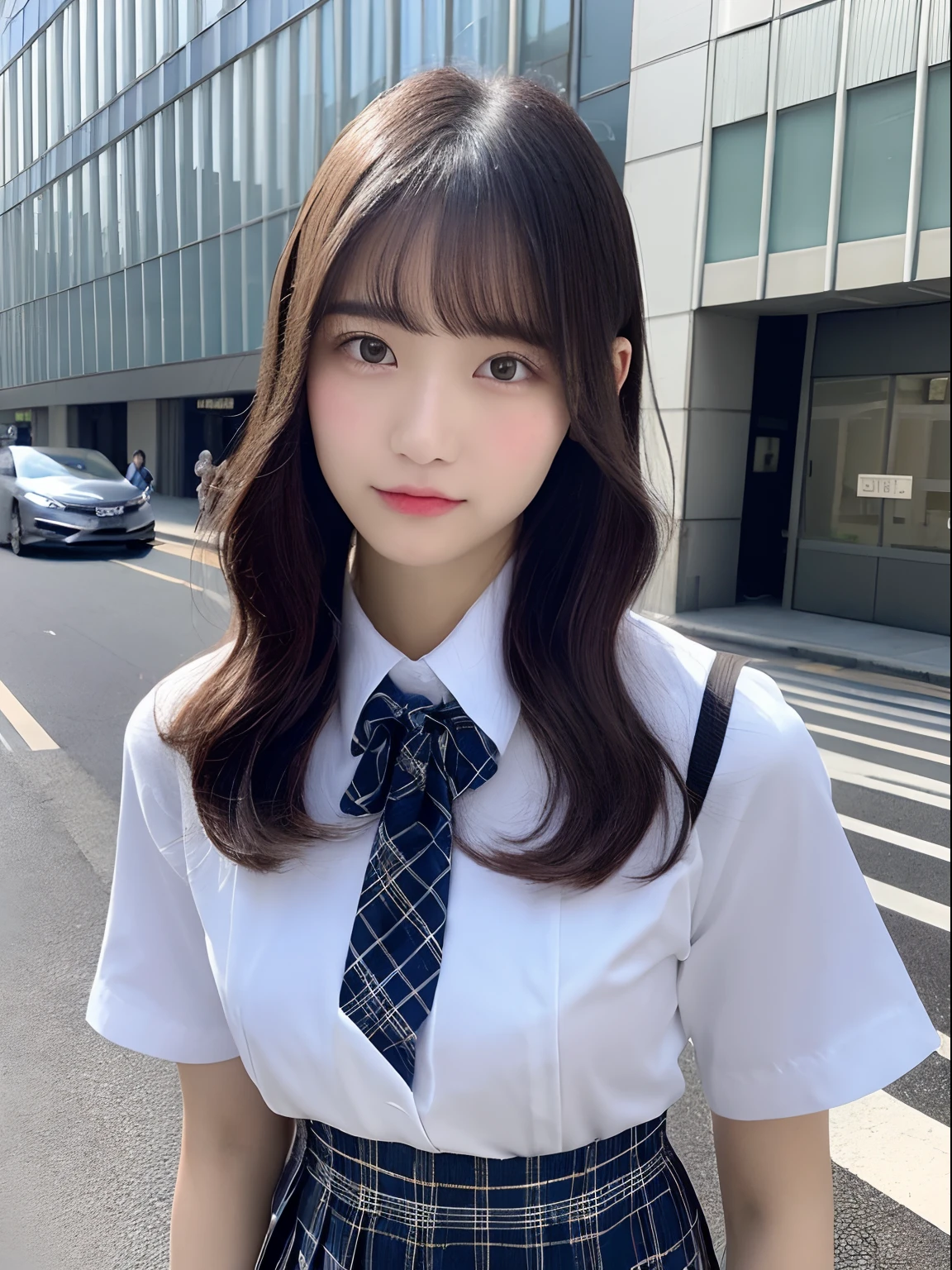 ((top-quality、in 8K、masterpiece:1.3))、foco nítido:1.2、Beautiful schoolgirl in perfect style:1.4、A slender、((A dark-haired、Colossal tits、tits out:1.2))、(natural soft light、street snap、TOKYOcty、Harajuku:1.1)、Highly detailed facial and skin texture、A detailed eye、二重まぶた、full of sweat、A sexy、((Uniform 1.5))、JK Suit Plaid Skirt Pleated Skirt Shirt Bow Tie