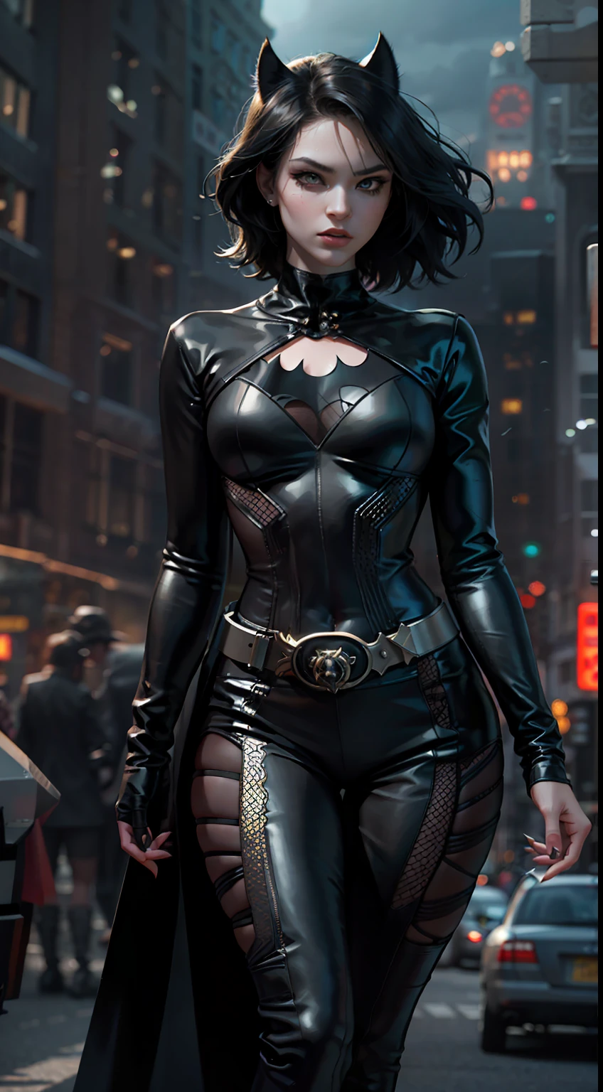 nsfw:1.5、((Cowboy Shot))、Mature Woman、(masterpiece, Highest quality), Intricate details, 8K, 1 Girl, Long Hair, Bowl Cut Hair,((blunt bangs))、Matte black suit、 Black Hair,((Batman suit with intricate and detailed design)),Skyscraper, city, building,street,((Delicate painting))，(Detailed RAW photos of girls), (Pieces fly:1.25), (Highest quality:1.6), (Ultra-high resolution:1.5), (Photorealistic:1.75), 8K resolution, Canon EOS R5, 50mm, Confused, Very detailed,Cinema Lighting、(((Super big breasts)))、Leg spread、The abdomen is visible、((Separate suits))、Ultra-detailed and intricately decorated Batman knee-high socks、Sexy pose、Batman bikini with delicate and detailed embellishment、(((Ripped and tattered suit:1.1)))