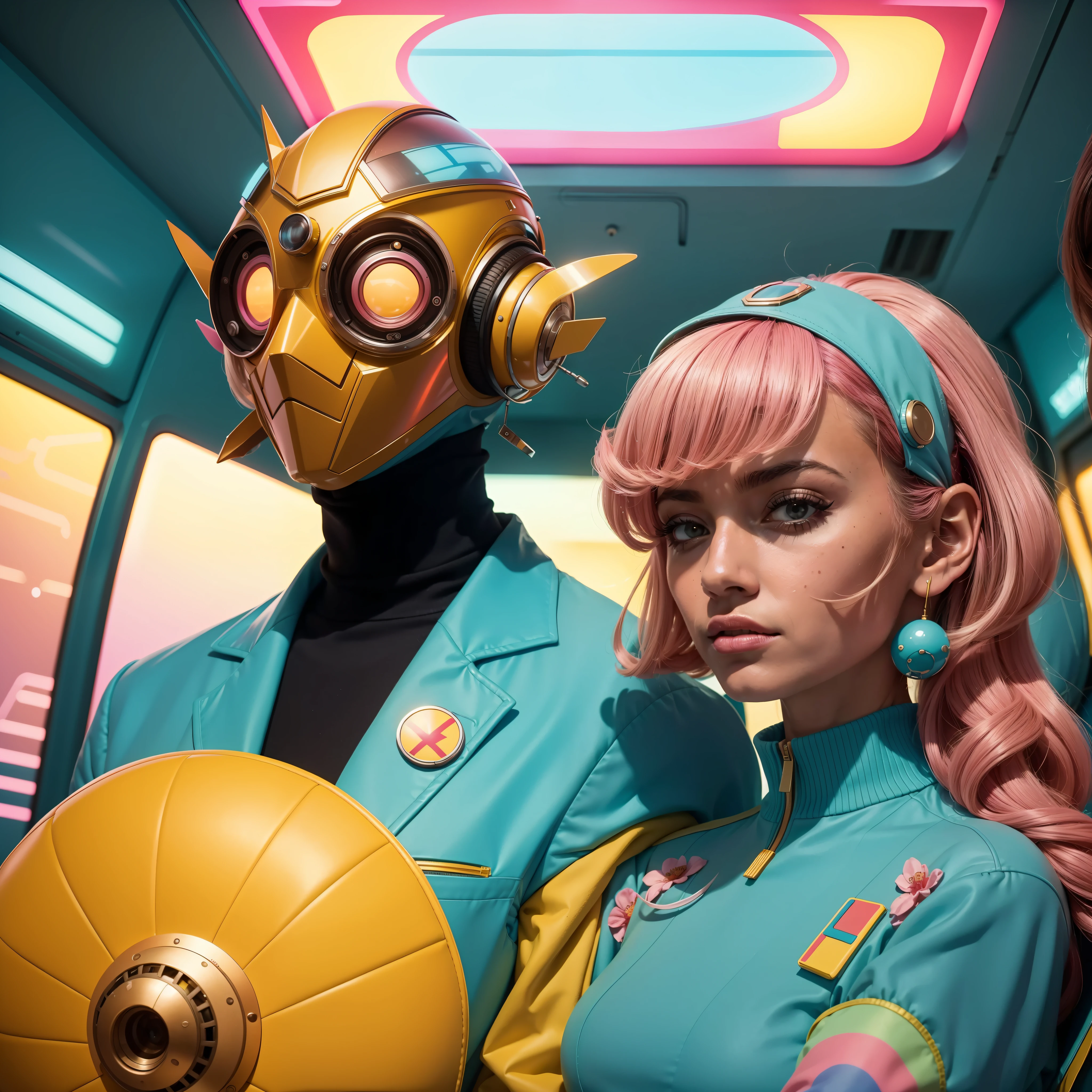 8k image from a 1970s science fiction film, imagem real, Estilo Wes Anderson, pastels colors, a man between two women wearing retro-futuristic fashion clothes and futuristic technological ornaments and devices, Luz Natural, cinemactic, Psicodelia, futurista estranho, retro-futurista,