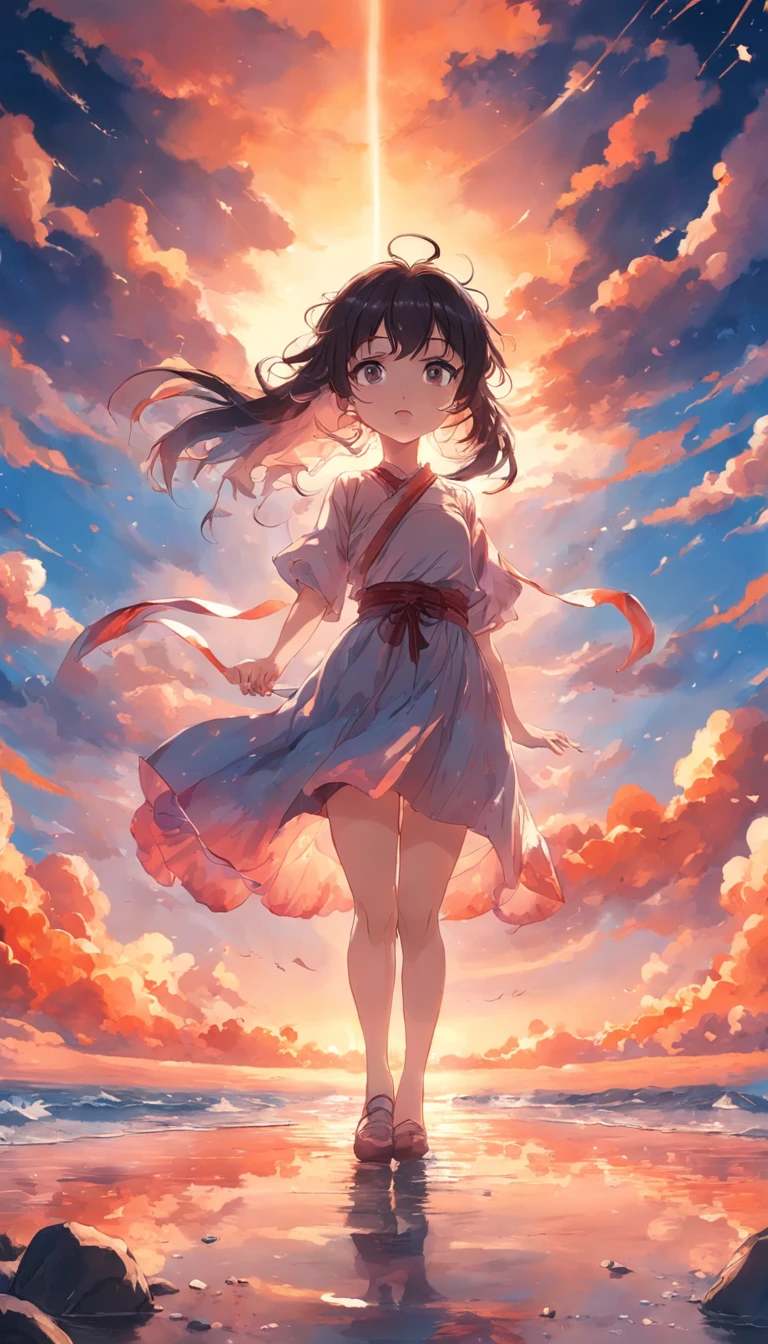 tmasterpiece,best qualtiy,cinematic Film still from,1girll,Colorful auspicious clouds,Kizi,Floating in the sky,closeup cleavage,brightly,cheerfulness,Warm and soft lighting,the sunset,(spark of light:0.7)