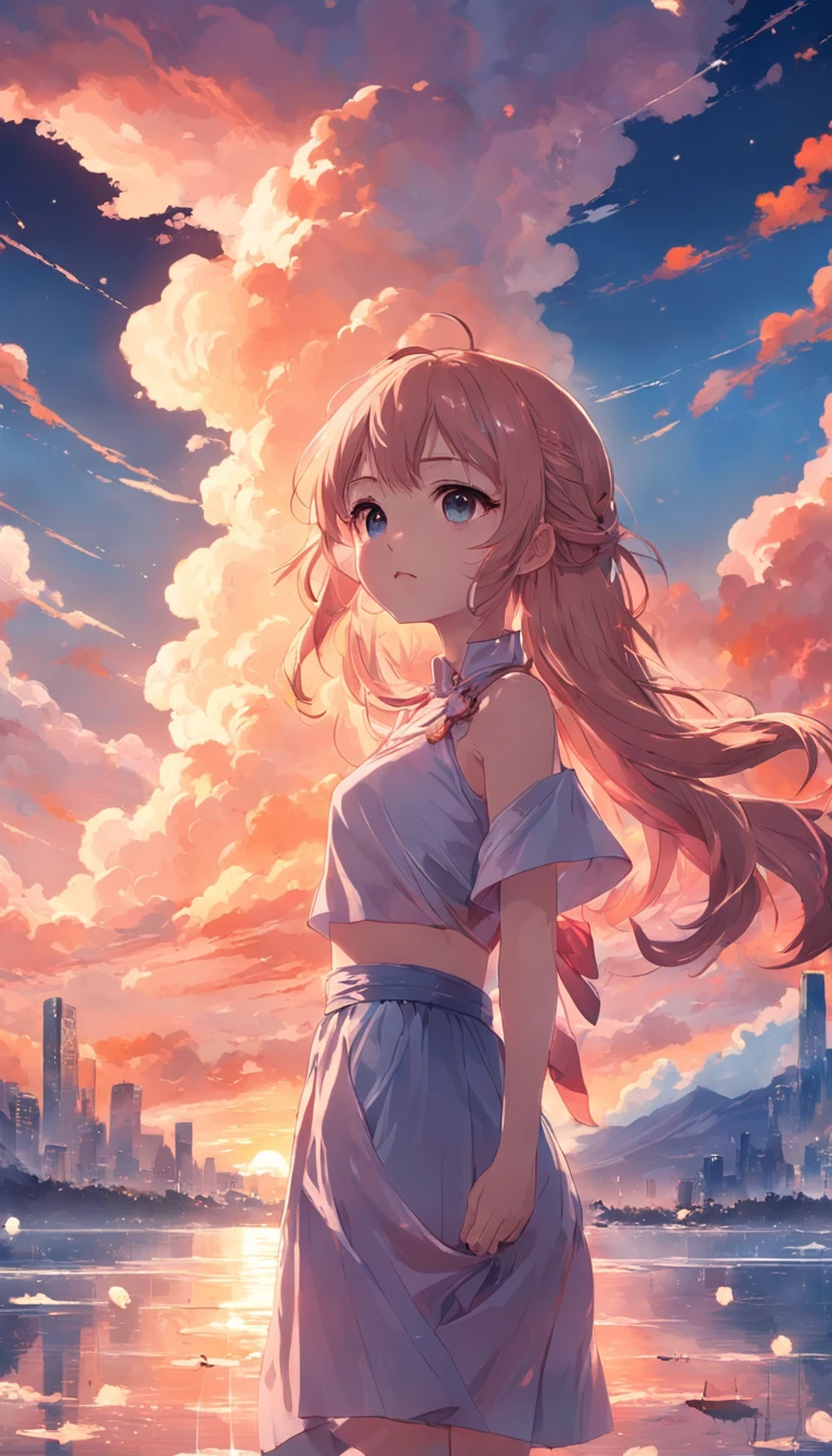 tmasterpiece,best qualtiy,cinematic Film still from,1girll,Colorful auspicious clouds,Kizi,Floating in the sky,closeup cleavage,brightly,cheerfulness,Warm and soft lighting,the sunset,(spark of light:0.7)