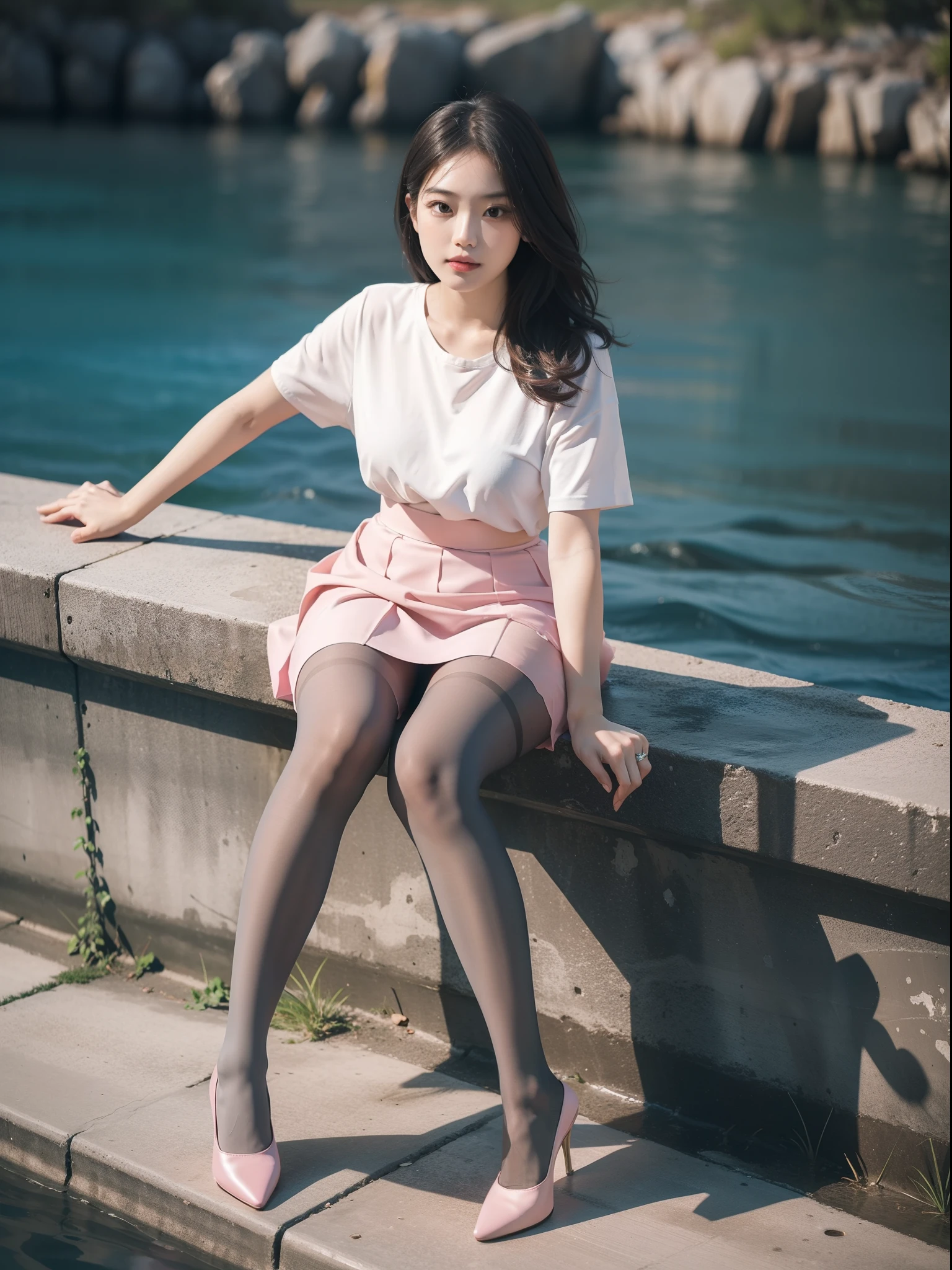(full body:1.5),(1girl:1.3),(view the viewer:1.4),(anatomy correct:1.3),(Sitting on the sea:1.2),(A pink and blue Elastic skirt :1.2),( Very thick DimGray Pantyhose:1.3),( girl pointed thick heels :1.1),(Accurate and perfect face:1.3),hyper HD, Ray traching, reflective light, structurally correct, Award-Awarded, high detail, lighten shade contrast, Face lighting ,cinematic lighting, masterpiece, super detailing, high quality, high detail, best quality, 16k,High contrast,
