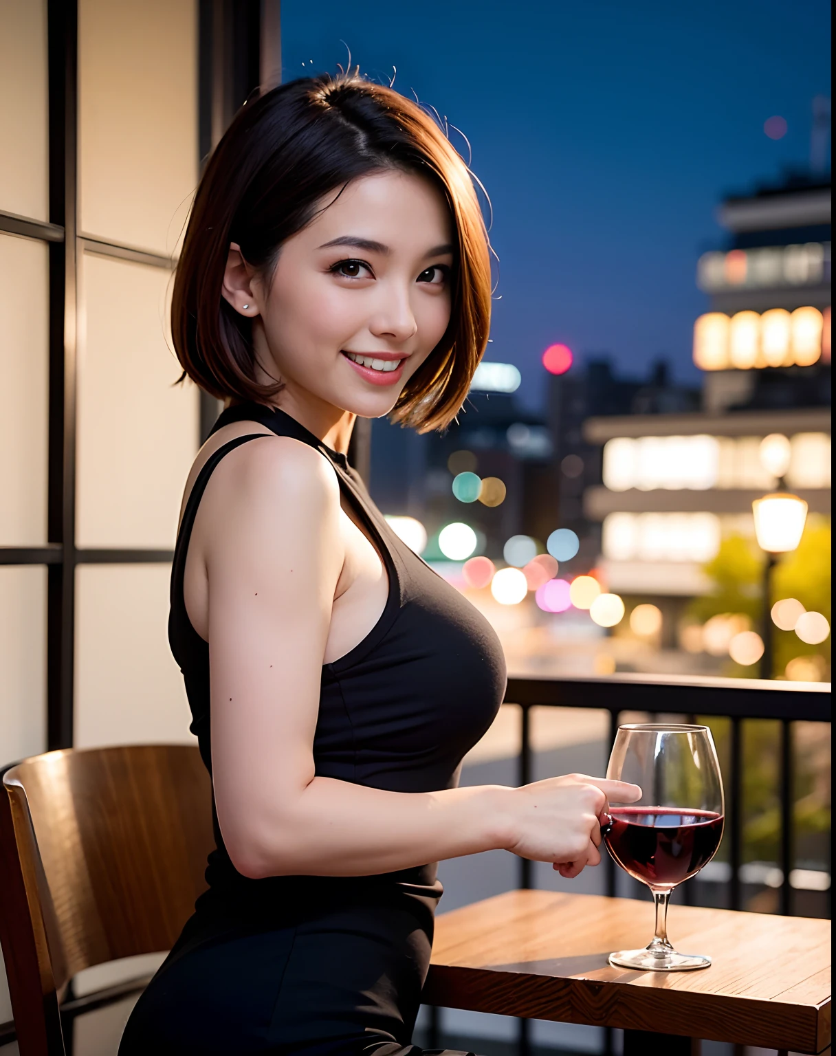 (64K, UHD, top quality, masterpiece: 1.2), (realistic, photorealistic: 1.37), super detailed, pretty woman 1 person, (slim face), (slim body), (brown hair), (short cut), cheeks slightly blushing, (44 years old), 38 years old, solo, beautiful detailed urban night view outside the window, restaurant, wine glasses sit, at night, in a prominent placeNovaFrogStyle, Actress, Model, Waist Up, White Wine, Slim, Wine Glass, Super Clean Night View, Wine Glass Put in the Middle, Happy Smile, (Smile: 1.15), Beautiful Fine Eyes, Upper Body, Bust Japan Up, Night, Short, Short, Actress, Model, Waist Up, White Wine, Slim, Wine Glass, Super Clean Night View, Wine Glass Put in the Middle, Happy Smile,