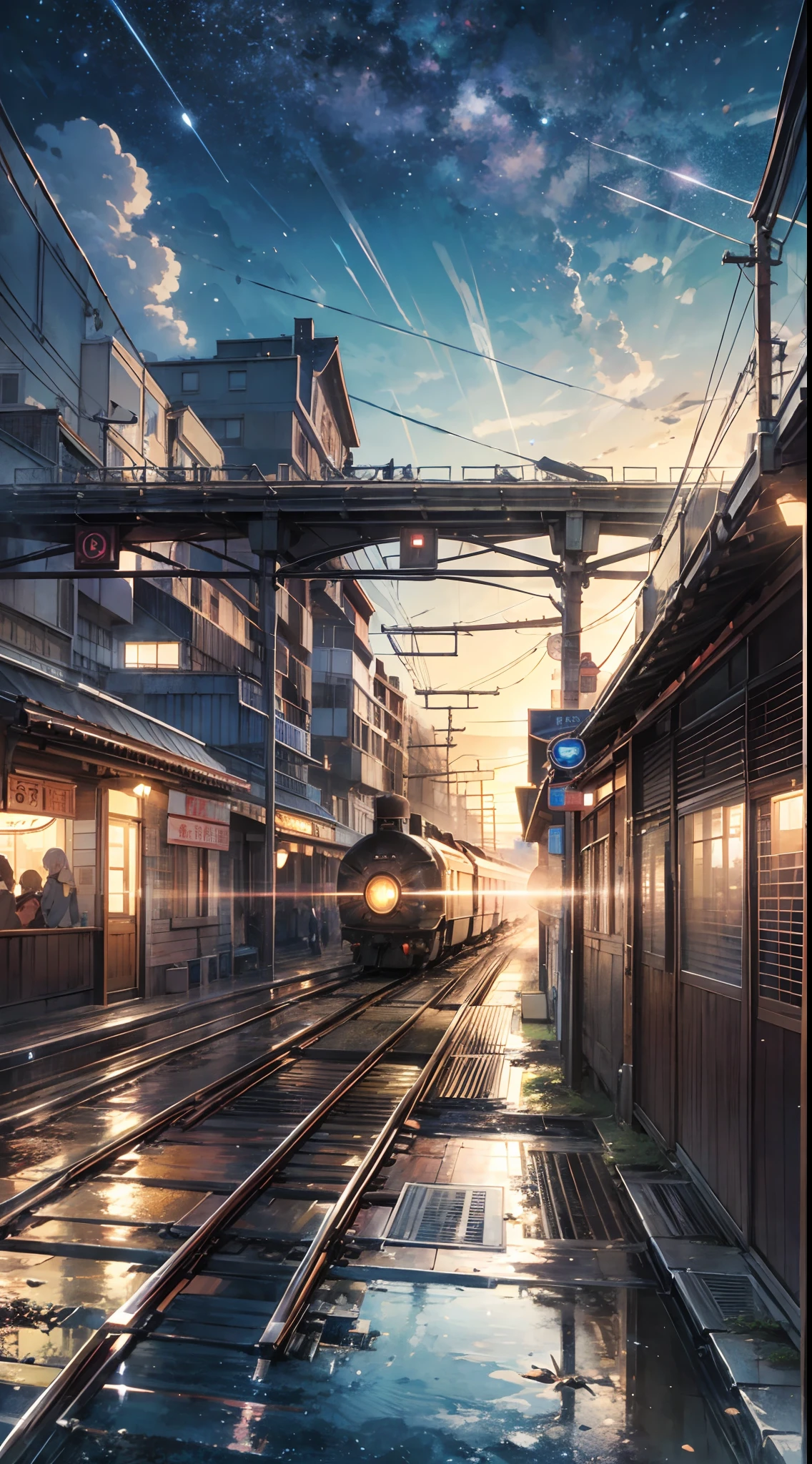 High quality masterpiece, landscape, anime train passing through bodies of water on tracks, bright starry sky. BREAK Romantic train, pixiv, concept art, lofi art style, reflection. by Makoto Shinkai, lofi art, Beautiful anime scene, BREAK Anime landscape, detailed scenery —width 672, in style of Makoto shinkai, style of Makoto shinkai, enhanced details, BREAK,Detailed,Realistic,4k highly detailed digital art,octane render, bioluminescent, BREAK 8K resolution concept art, realism,by Mappa studios,masterpiece,best quality,official art,illustration,ligne claire,(cool_color),perfect composition,absurdres, fantasy,focused,rule of thirds
