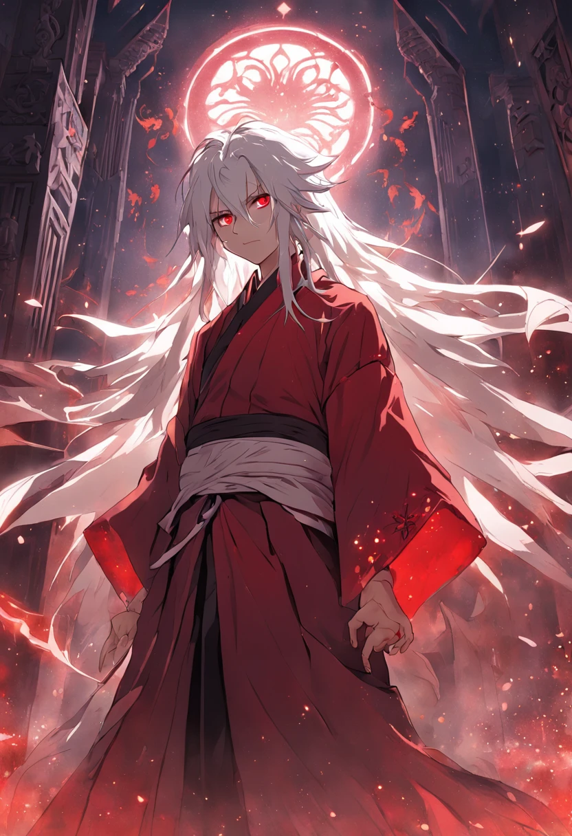 (Masterpiece, illustration, anime big breast:1.3), Anime boy, Red eyes, Long white hair, In the dark, (Classic Black Outfit:1.2), Stand in the temple at night, (Messy white hair:1.1), (Red eyes that glow red:1.2), (Calm expression:1.1), (Uncovered Eyes:1.1), (Strong presence:1.2), (Enigmatic Atmosphere:1.2), (Subtle Moonlight:1.1), (Intricate temple architecture:1.2), (Ominous Shadows:1.1), (Flowing robes:1.1), (Detailed folds and creases:1.1), (Intense Blue Aura:1.2), (A symbol of power around him:1.1), (Magical energy radiation:1.2), (Spellcasting Gestures:1.1), (Mystical Artifacts:1.1), (Ethereal particles:1.1), (Dynamic pose:1.2), (epic soundtrack:1.2), (sense of awe:1.1), (Magical prowess:1.1)