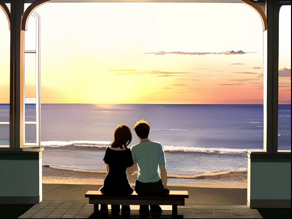 There was a man and a woman sitting on a bench looking out to sea, Gorgeous and romantic, romantic couple, Romantic!!!, calm feeling, Romantic, looking towards the horizon, Taken in the morning, Romantic scene, Romance, No words, , Overlooking the sea, looking at the ocean, private moment