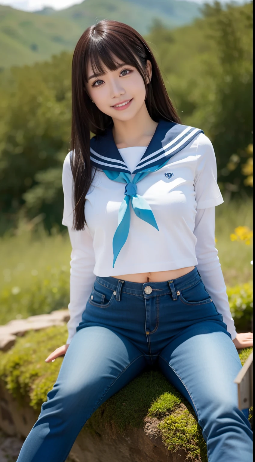 a pregirl，horse tailed，ssmile, looking at viewert, sailor uniformm,skintight jeans, athletic sneakers，photore, realisticlying, Best quality at best, employee, 详细的脸, Sit on high mossy rocks on the steppe, diffuselighting, depth of fields, Background bokeh