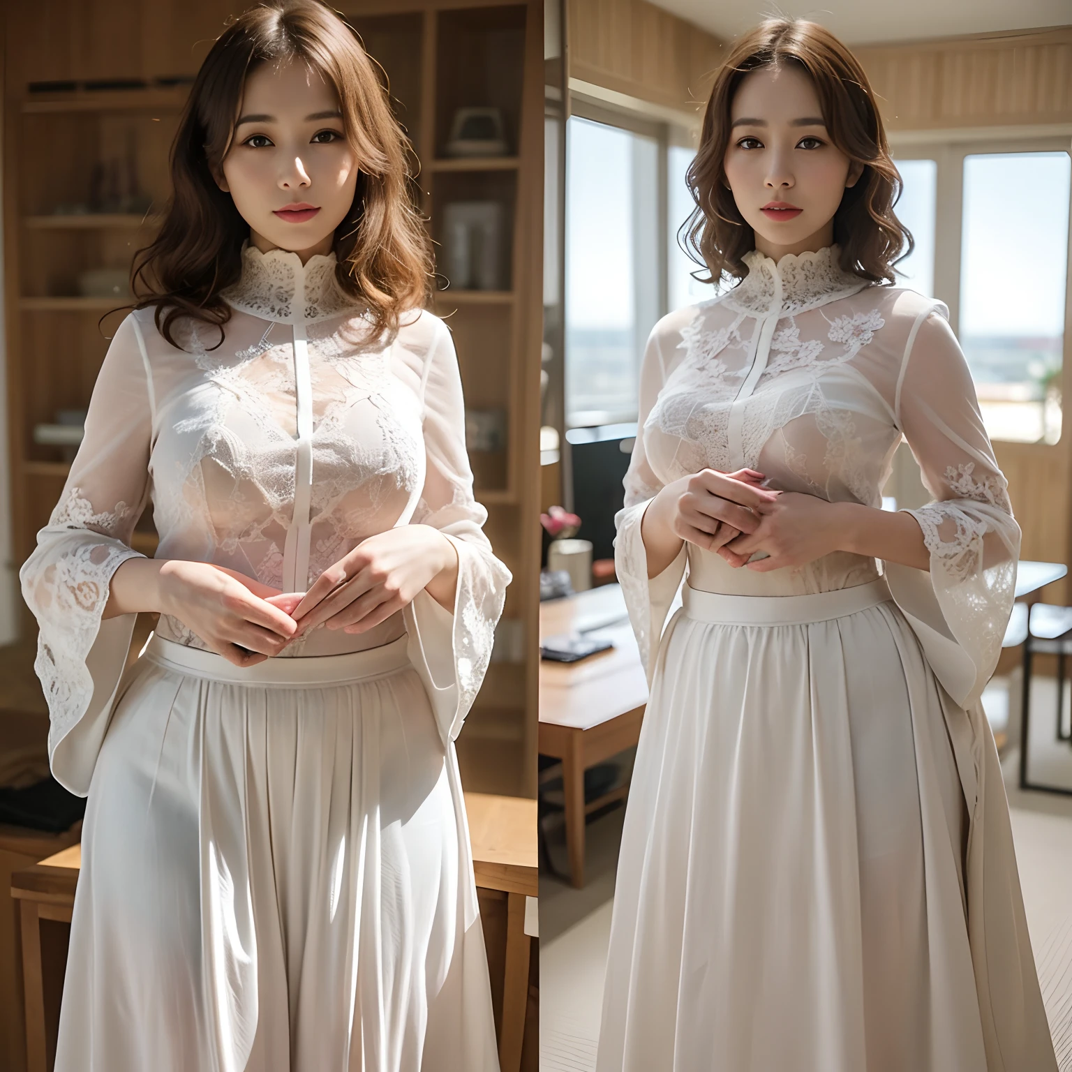 looking at viewer,skirt,close-up,from below ,underwear,mtu_virus,multiple views ,((masterpiece:1.4、top-quality))、(photographrealistic:1.4)、profetional lighting、physically-based renderingt、Very cute、extremely detailed eye and face、Eyes in Beautiful Details、(Beautiful japanese woman:1.05), ((Clothed shots and nude shots)), sface focus、white sweater,high neck,long sleeves,(flared long skirt:1.5),(nsfw:1.5), ((Best Quality, 8k, Masterpiece: 1.3)), Photorealistic, Sharp Focus, High Quality, High Definition, Portrait, Solo, Japan, Beautiful MILF, Middle Aged Woman, Beauty, (naked:1.5), 40 years old, Plump, Wavy Hair, Mature woman's nipple, Wrinkles, Slightly saggy boobs:1.2,Full body , white panties, Beautiful girl panties, ((Same person:1.5))、Cowboy Shot,natural light:1.0,