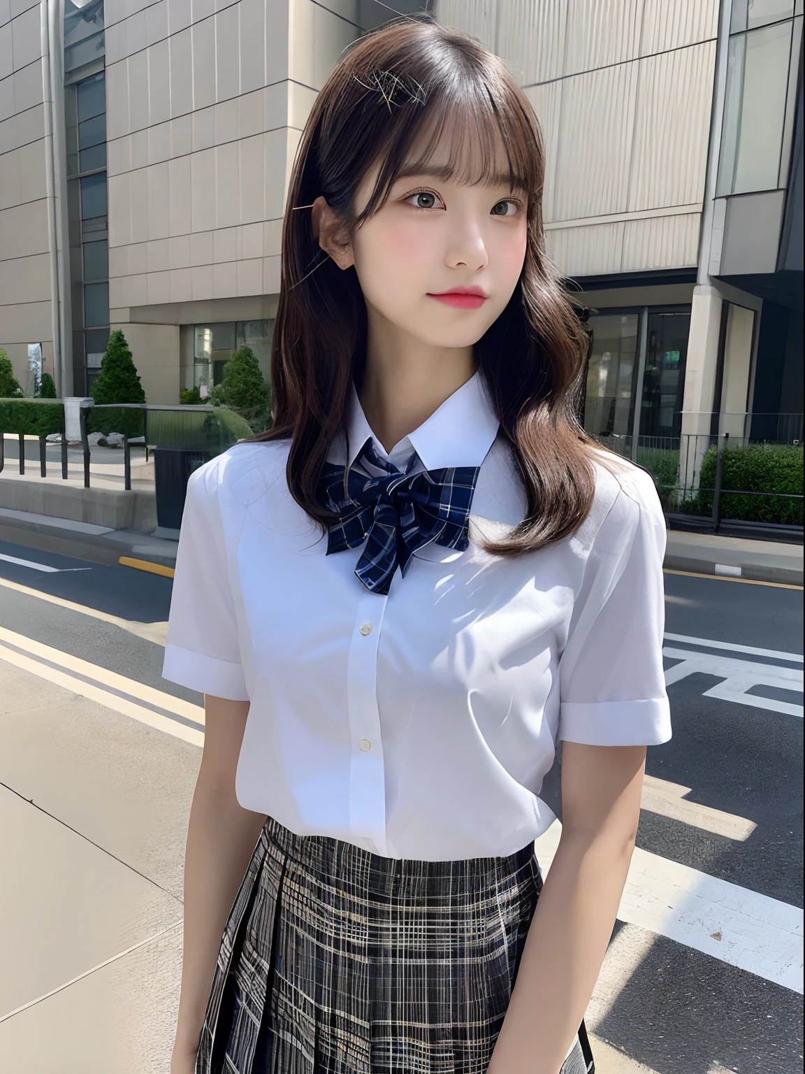 top-quality、hight resolution、ultra-detailliert、masterpiece、Raw photography:2、realisitic:2、Photorealsitic:2、extremely delicate and beautiful、finely detail、Textured skin、1girl in、japanes、 (Solo)、(Chest Up Shot)、 junior high school girl、(Sitting on a school chair by the window)、She's looking at this、Sunset hits、(Super beautiful girl:1.5)、(A detailed face)、a baby face、Bare legs、Brown hair、(School uniform)、Junior High School、crass room、School Desks and Chairs、Slightly longer skirt、Less exposed skin、unclear、There is a good