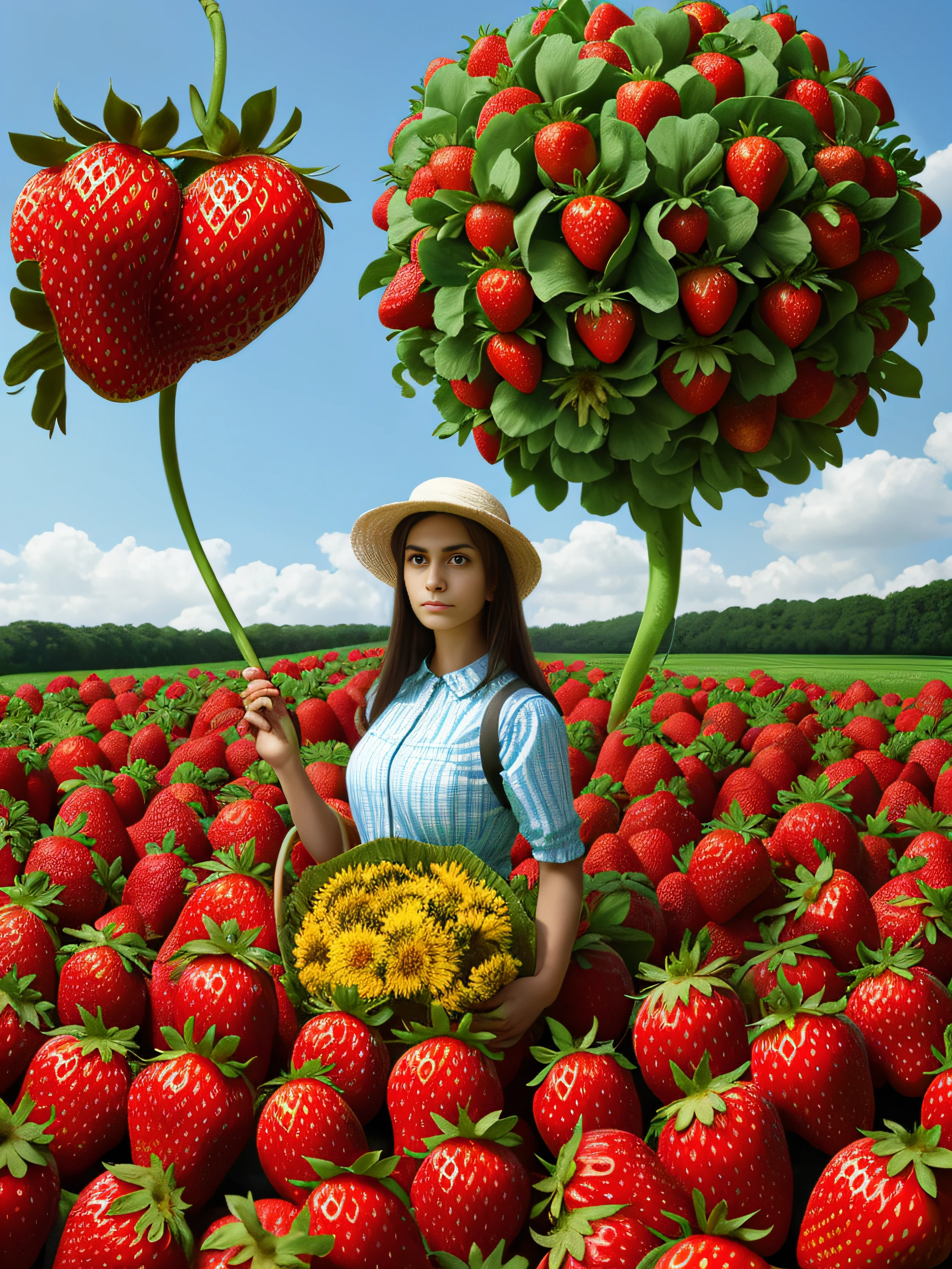 Alafi woman holding a large bunch of strawberries in the field, holding a giant strawberry, it is very huge, Huge flowers, huge flower, it is very huge, an alien fruit, humongous large breast, fight with strawberries, largest haunches ever, Very interesting, gargantuan, very very surreal, Strawberry, extremely bizarre disturbing, strange fruits, very disturbing
