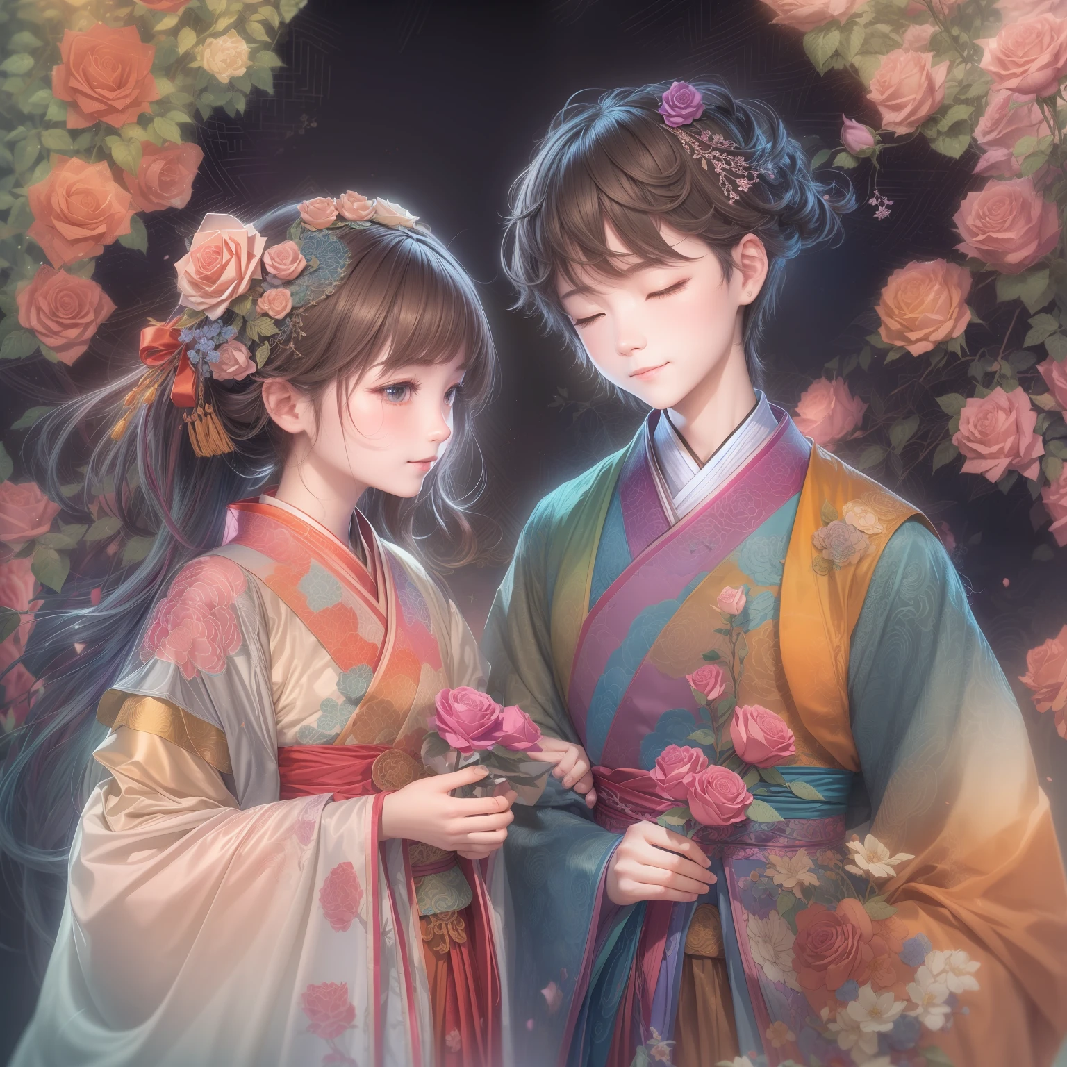 Rainbow Colors theme,(1 girl and 1 boy,Wear Hanfu,Smile,Hand in hand,Masterpiece rose), (illustration:1.2,paper art:1.2, zentangle:1.2, geomerty:1.2,a 3D render),(Best quality, high detal, Masterpiece, Cinematic lighting, 4K, Chiaroscuro)