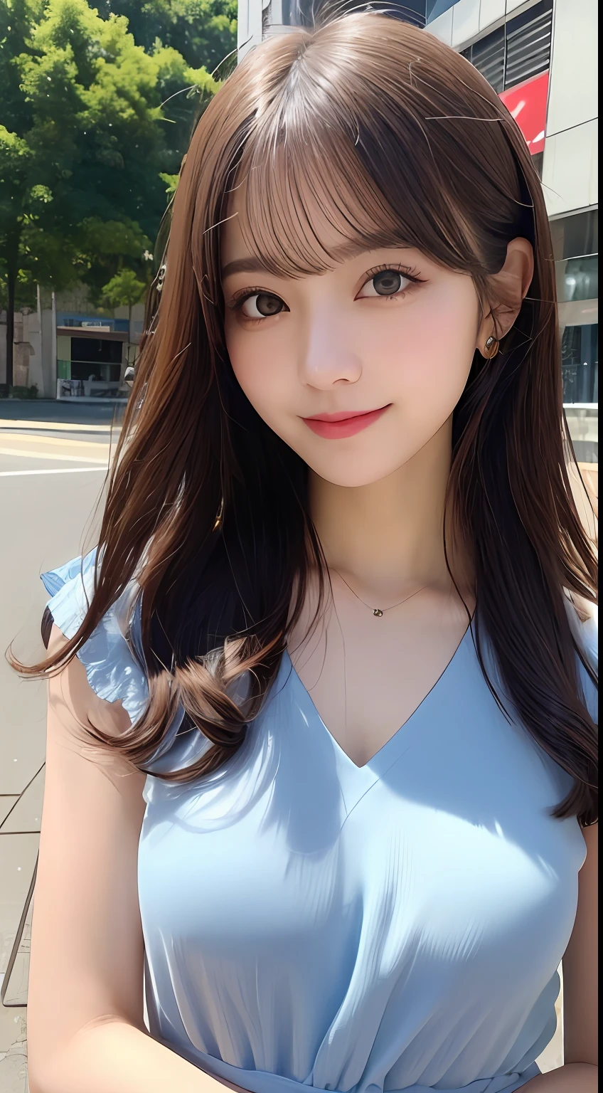 masutepiece, Best Quality, Illustration, Ultra-detailed, finely detail, hight resolution, 8K Wallpaper, Perfect dynamic composition, Beautiful detailed eyes, Women's Fashion Summer,Medium Hair,Small breasts natural color lip, Bold sexy poses,Smile,Harajuku、20 years girl、Cute、Sexy shot looking at camera