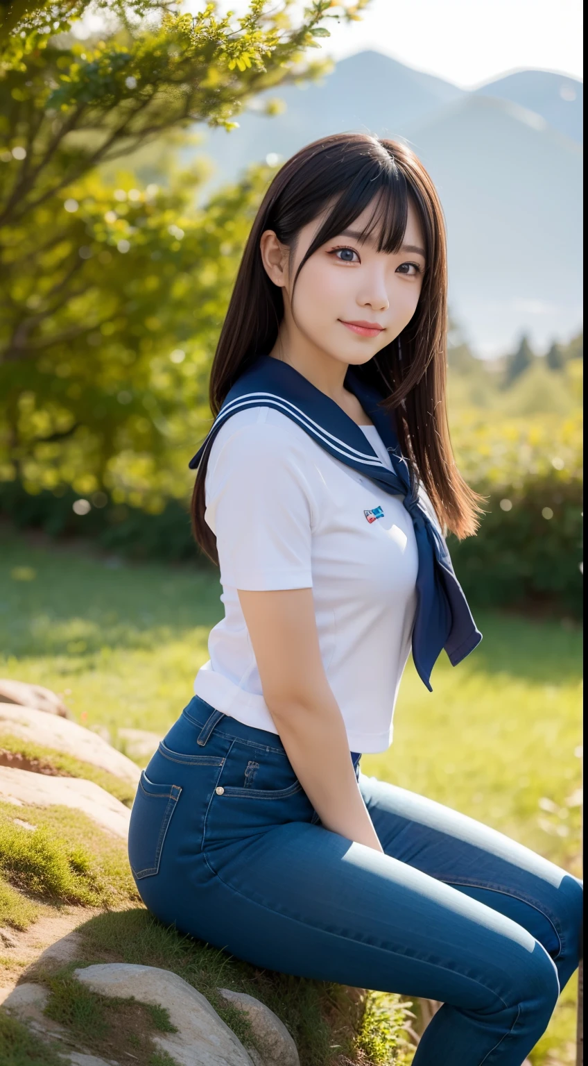a pregirl,horse tailed,ssmile, looking at viewert, sailor uniformm,skintight jeans, athletic sneakers,photore, realisticlying, Best quality at best, employee, 详细的脸, Sit on high mossy rocks on the steppe, diffuselighting, depth of fields, Background bokeh
