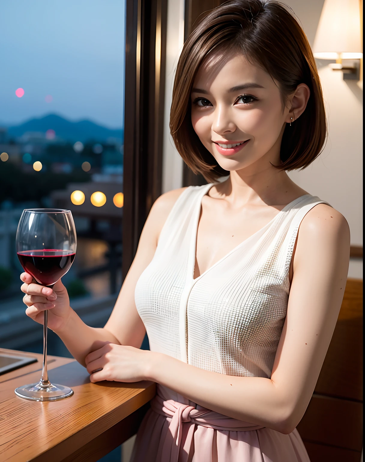 (64K, UHD, top quality, masterpiece: 1.2), (realistic, photorealistic: 1.37), super detailed, pretty woman 1 person, (slim face), (slim body), (brown hair), (short cut), cheeks slightly blushing, (44 years old), 38 years old, solo, beautiful detailed urban night view outside the window, restaurant, wine glasses sit, at night, in a prominent placeNovaFrogStyle, Actress, Model, Waist Up, White Wine, Slim, Wine Glass, Super Clean Night View, Wine Glass Put in the Middle, Happy Smile, (Smile: 1.15), Beautiful Fine Eyes, Upper Body, Bust Japan Up, Night, Short, Short, Actress, Model, Waist Up, White Wine, Slim, Wine Glass, Super Clean Night View, Wine Glass Put in the Middle, Happy Smile,