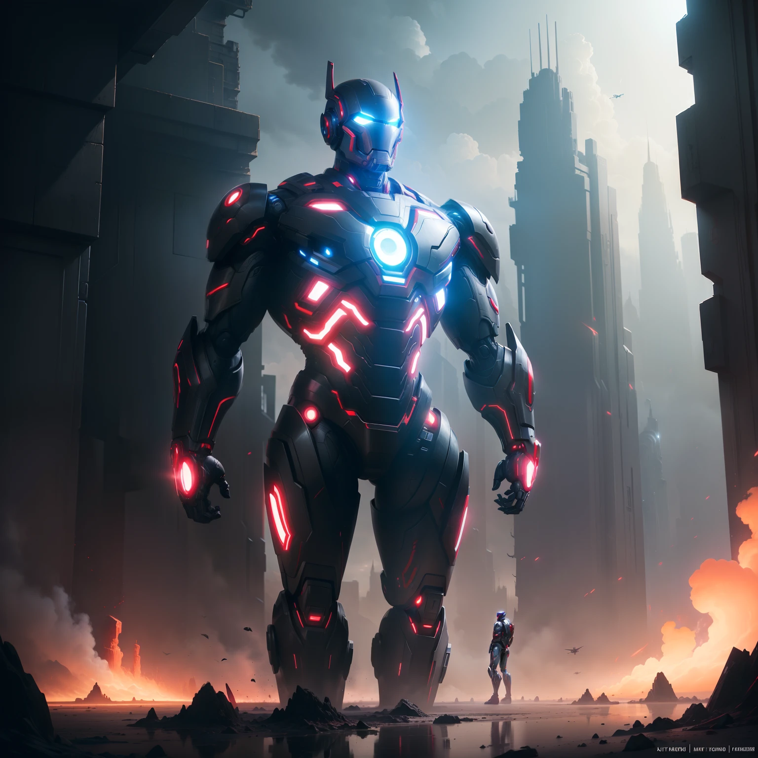 digital art, (wide angle shot:1.2), ultron robot from ((avengers)) 4, ((matte black and crimson suit)), trending on artstation, digital painting, sci-fi, epic composition, futuristic, landscape, worldly, otherworldly, fantasy, Avengers age of ultron style, landscape, hundreds of  flying robots in the background, lucid,