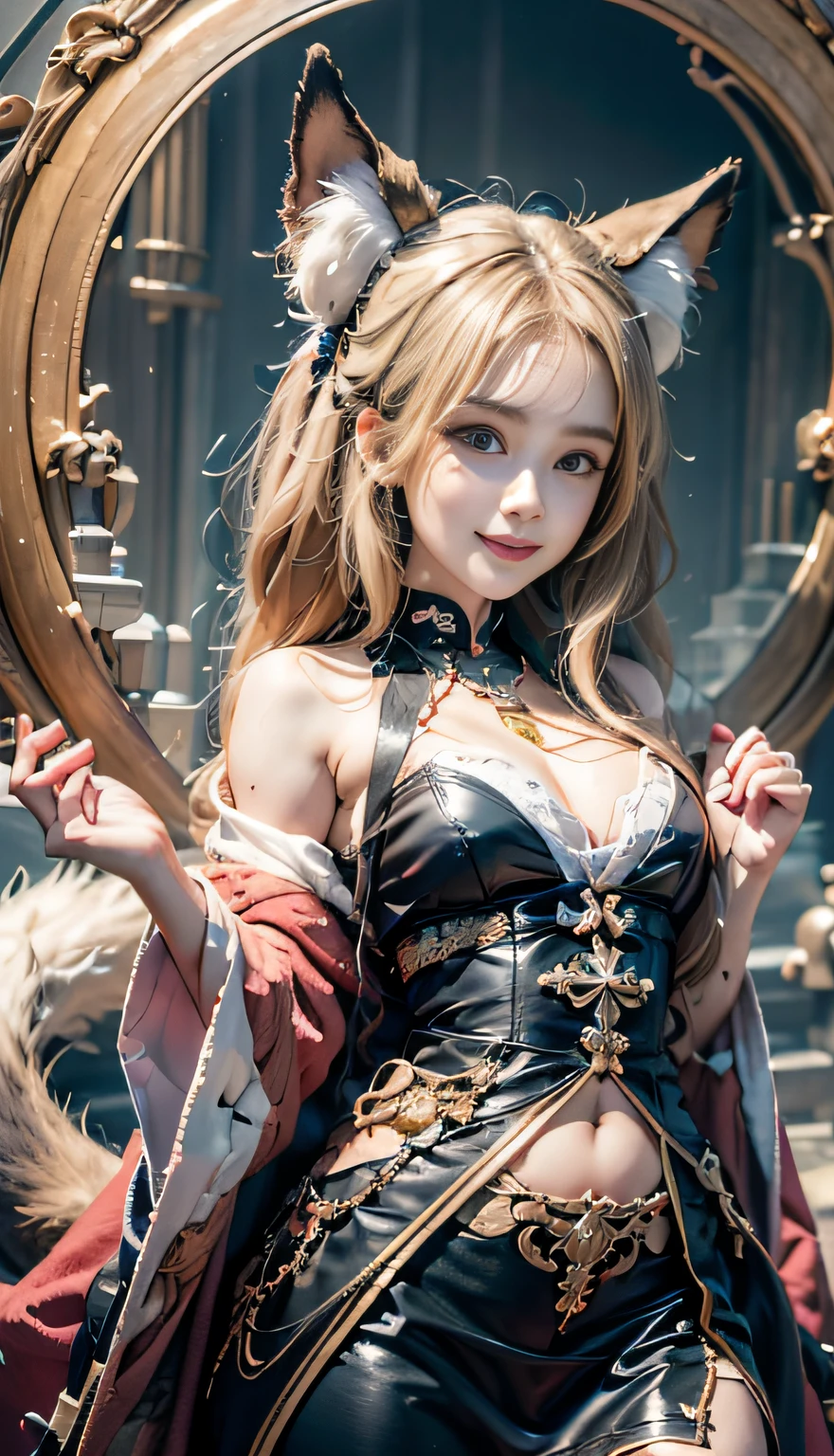 1girll,Solo, Happy smiling official art, Unity 8k wallpaper, Ultra detailed, Beautiful and aesthetic, Beautiful, Masterpiece, Best quality, Kitsune witch, kitsune mask, Pink and white haori jacket, Foxfire spell, The fox is familiar, Transformation,Depth of field