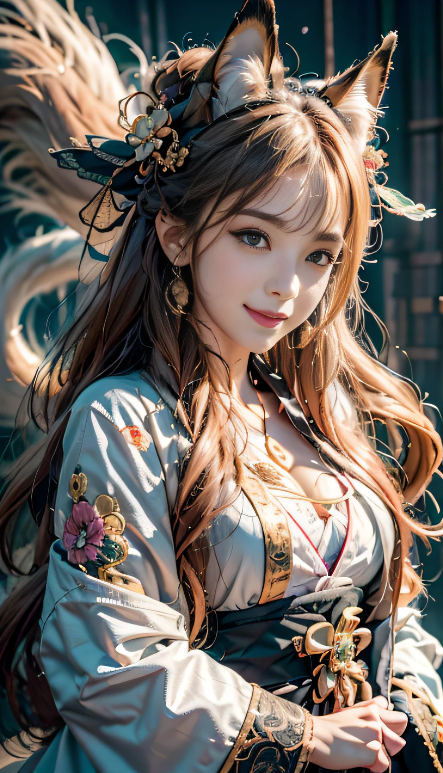 1girll,Solo, Happy smiling official art, Unity 8k wallpaper, Ultra detailed, Beautiful and aesthetic, Beautiful, Masterpiece, Best quality, Kitsune witch, kitsune mask, Pink and white haori jacket, Foxfire spell, The fox is familiar, Transformation,Depth of field