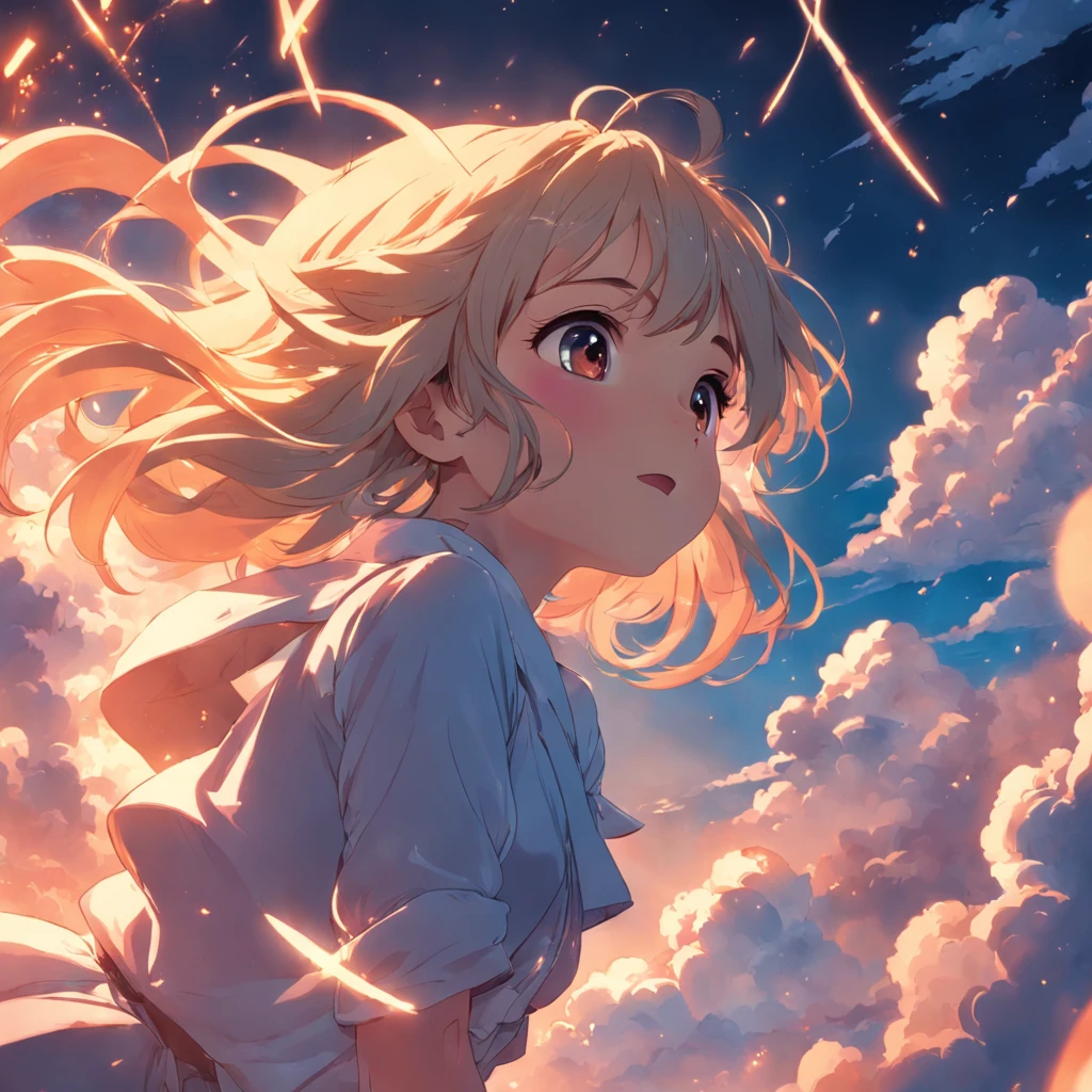 masterpiece, best quality, movie still, 1girl, cloud girl, floating in the sky, close-up, bright, happy, warm soft lighting, sunset, (sparks:0.7)