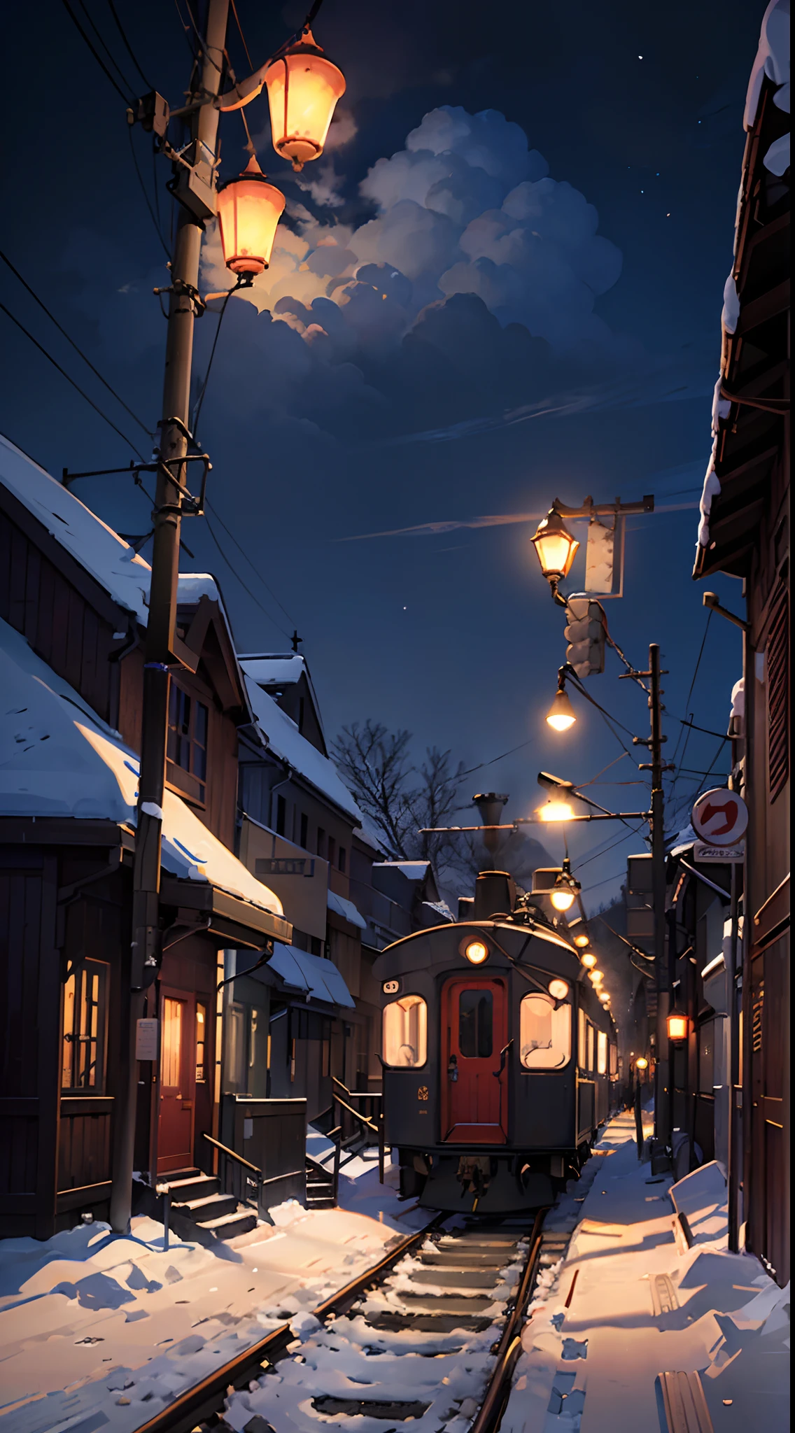 There is a train running along the tracks in the snow, Makoto Shinkai's concept art, tumblr, magic realism, beautiful anime scenes, cosmic sky. by makoto shinkai, ( ( makoto shinkai ) ), anime background art, anime backgrounds, Makoto Shinkai's style, anime movie backgrounds, galaxy express, no humans.