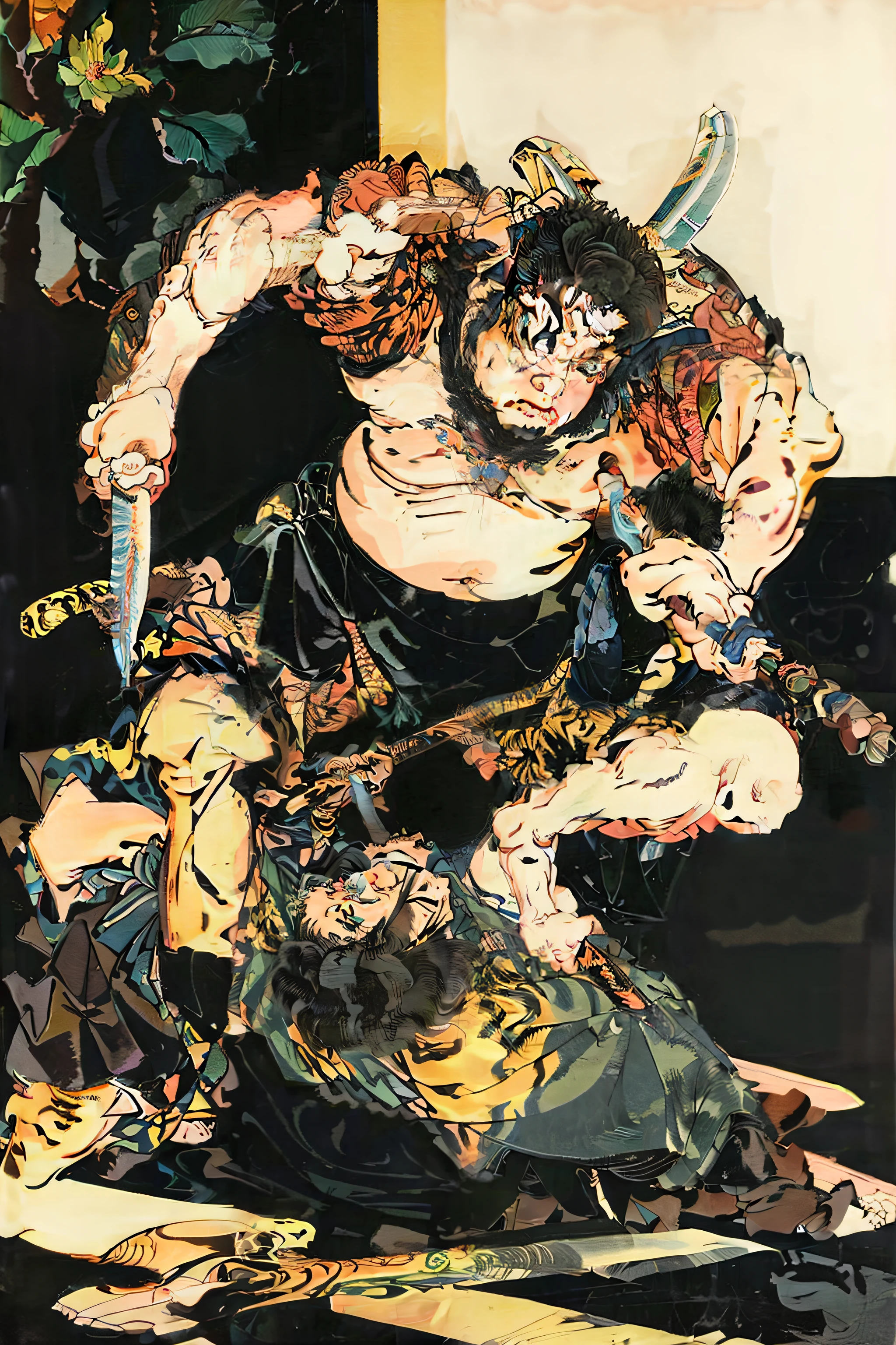 Wield a double knife,One guy,one tiger