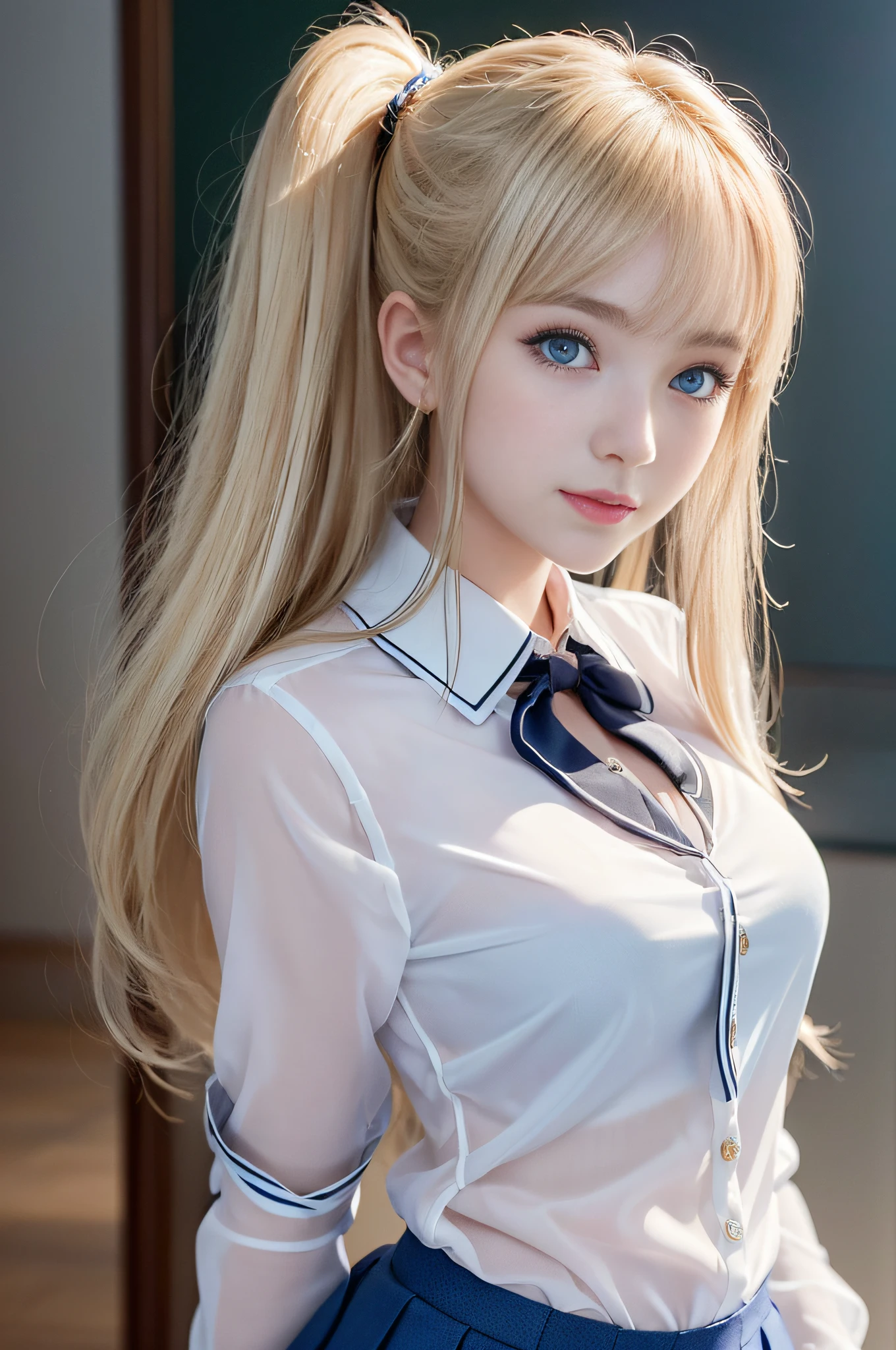 portlate、((School Uniforms:1.5))、bright expression、poneyTail、Young shiny shiny white shiny skin、Best Looks、Blonde reflected light、Platinum blonde hair with dazzling highlights、shiny light hair,、Super long silky straight hair、Beautiful bangs that shine、Glowing crystal clear attractive big blue eyes、Very beautiful nice cute girl、Lush bust,Beautiful detailed eyes, beautiful detailed nose,(( Full body:1.5)),natural make up、((Marie Rose))+,(Makeup that the eyes emphasize)、((Pleated skirt with many folds)),(((Raise your skirt to show your underwear:1.2))),(((Sheer blouse:1.5))),((Underwear can be seen through a light blouse:1.5)),(pretty pose:1.3)