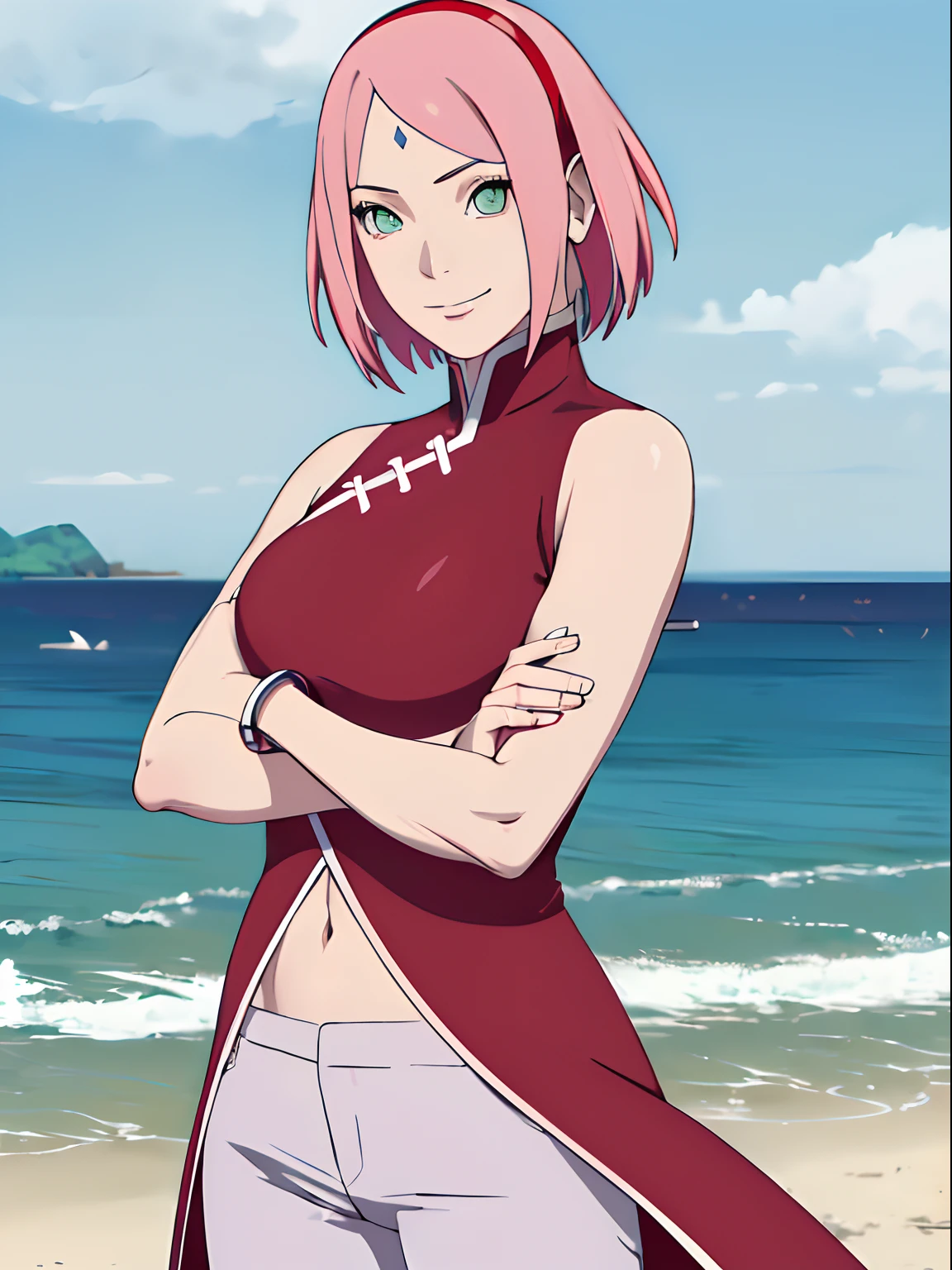 (masterpiece, 1k, anime style, hand drawing, vector coloring, portrait, face shot, professional artwork, detailed beach background, intricate details, colorful, bold drawing lines), (ultra detailed body, ultra detail hair, ultra detail face, attractive, seductive), trending on pixiv, kind smile, very hot color, best quality, 1girl, hires, haruno sakura, contrasty lighting, (forehead mark, milf, red hairband, pale skin, short hair, ((red sleeveless dress), white pants), navel, groin, bracelet, looking at viewer, crossed arms, pink hair, green eyes, smile, beach, wind, floating hair, detailed arms, off-shoulders, muscular arms, standing), sunnyday