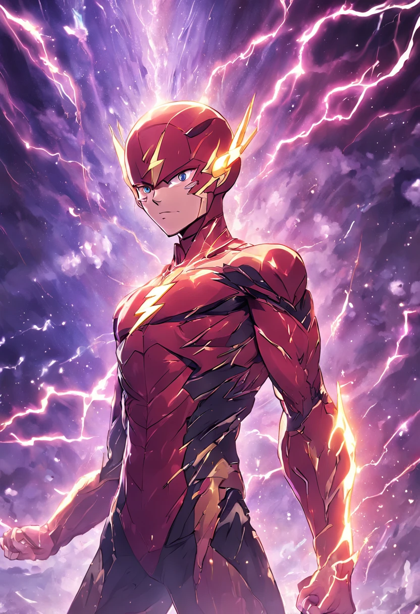 the flash in action, mcu, best entrence pose, ultra detail, multiverse background, lightning strikes, planets and stars, 8k,