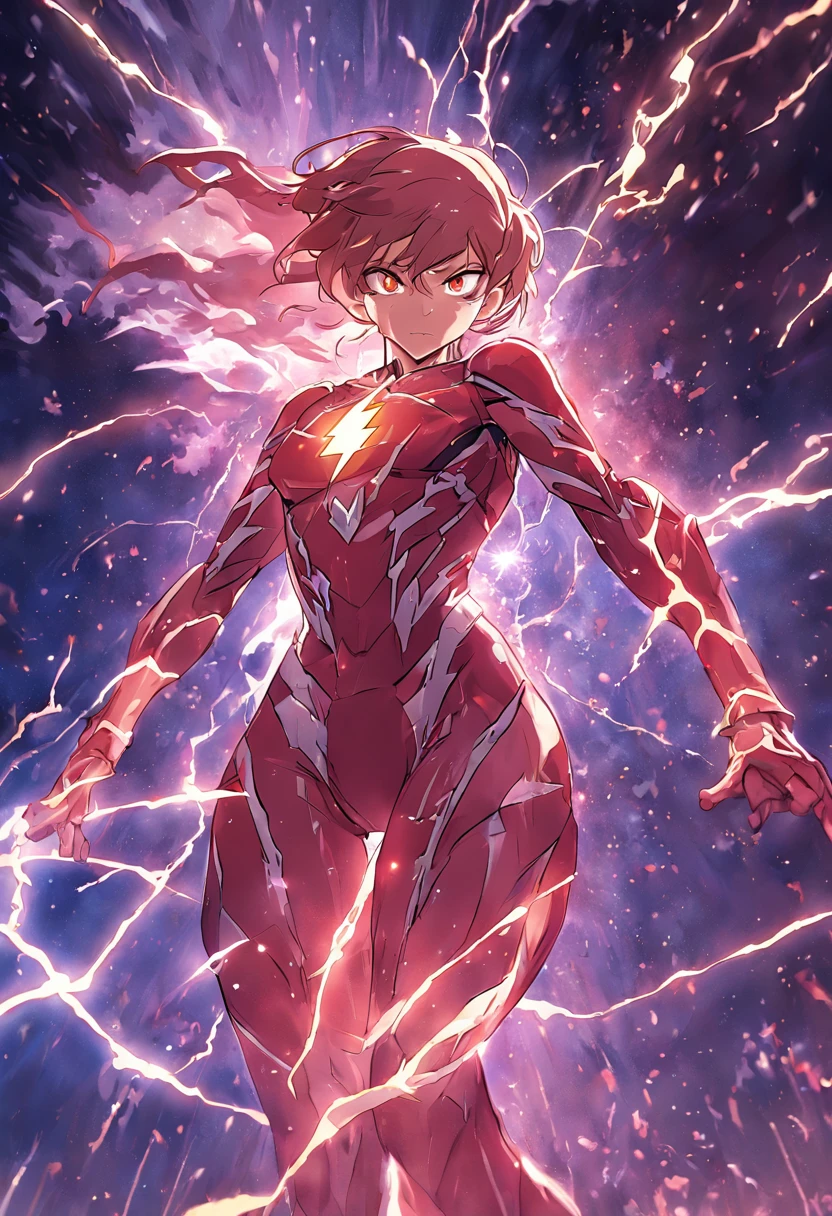 realistic,highest quality, ultra detail, High quality CG drawing, The most delicate and beautiful, Floating gently, High resolution, (1 girl), (Highest image quality,4K,8K,masterpiece:1.2),(red hair:1.5), (short bob:1.5),(wavy hair:1.4),,(red eyes:1.5), (ultra girl:1.0), (red ultraman bodysuit:1.4),(slightly bigger breasts:1.5),Upper body,(clenched fist:1.2),(put both hands on hips:1.2), red gloves,red shoes, Turn your back to your audience:1.3),butt
