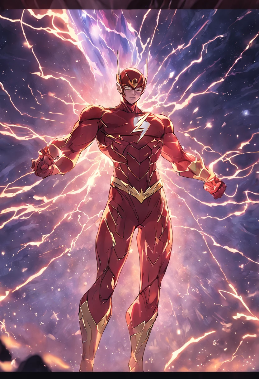 the flash in action, mcu, best entrence pose, ultra detail, multiverse background, lightning strikes, planets and stars, 8k,