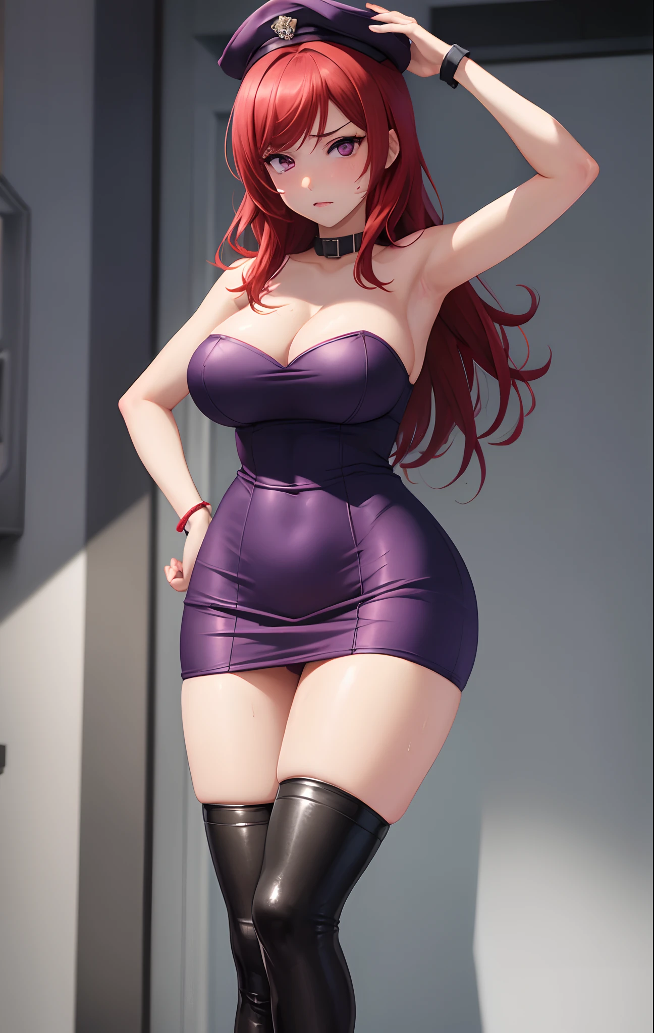 1girl ,1boy,Nishikino maki, Purple eyes,red hair, curvy body, big breasts,((sexy short bodycon dress)), strapless , sleeveless, cleavage,bare shoulders, wrist band, police cap, sweaty, blushing, standing, prison,llchar, embarrassed, dominance posture, cowboy shot, spread legs