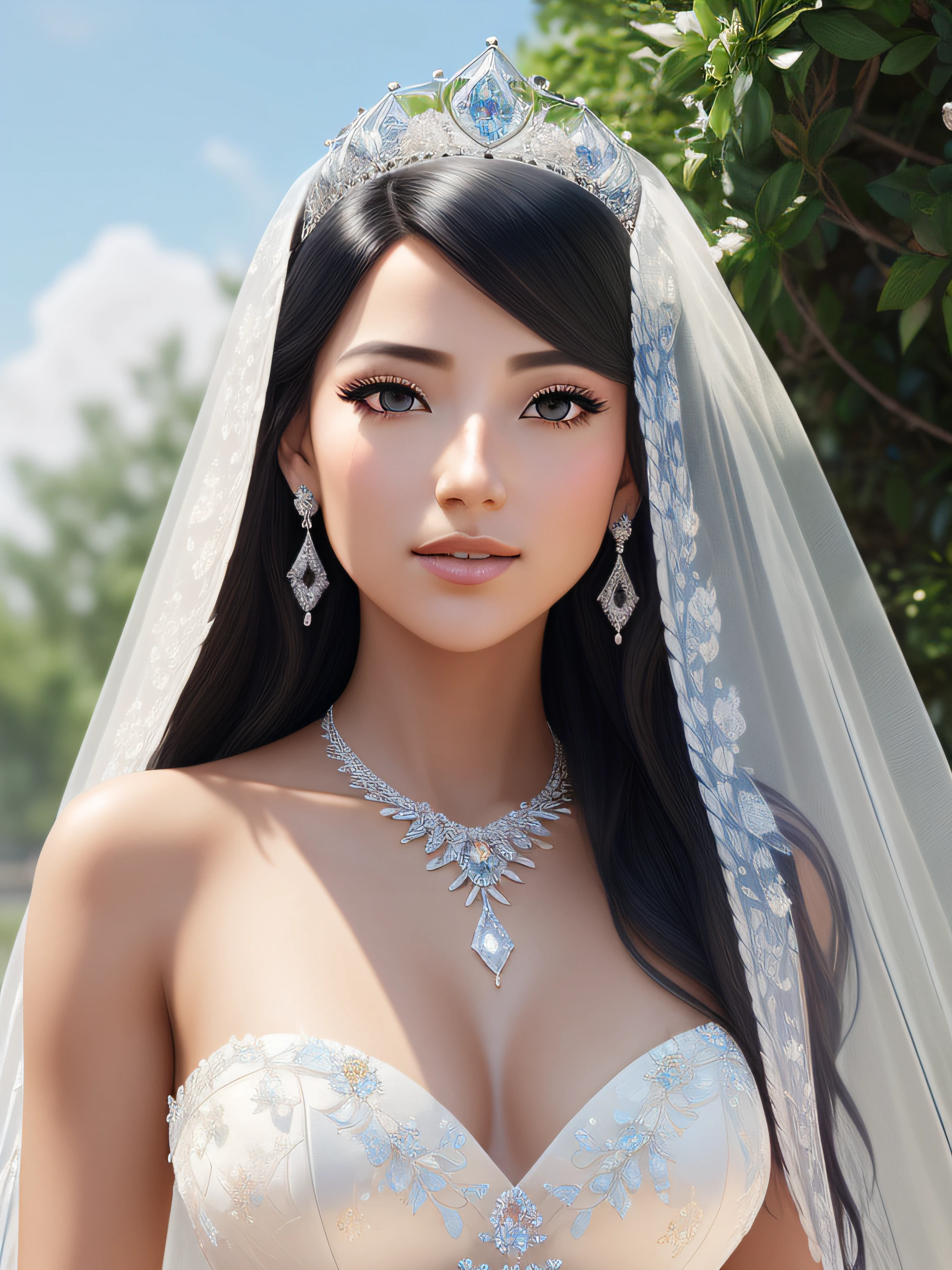 ((dappled sunlight, blue sky，outside， cloud)), (photorealistic:1.5),
(1girl:1.3),(beautiful face,beautiful eyes:1.0),(lens 135mm f1.8,Core shadow,cinematic light,dynamic light:1.1),(High resolution,octane render,hyper detailed ray tracing:1.2),(photorealistic, realistic:1.5),close-up, iridescent eyes,realistic shadow,high qualty shadow,medium breasts，long hair, black hair，extremely delicate and beautiful,beautiful detailed eyes and face,
((detailed wedding veil with flowers, diamond tiara, diamond luxury earrings, diamond necklace,
detailed hair, hair ornament, long white gloves, white ribbon, upper body, back, behind)), （smile）,Upper body