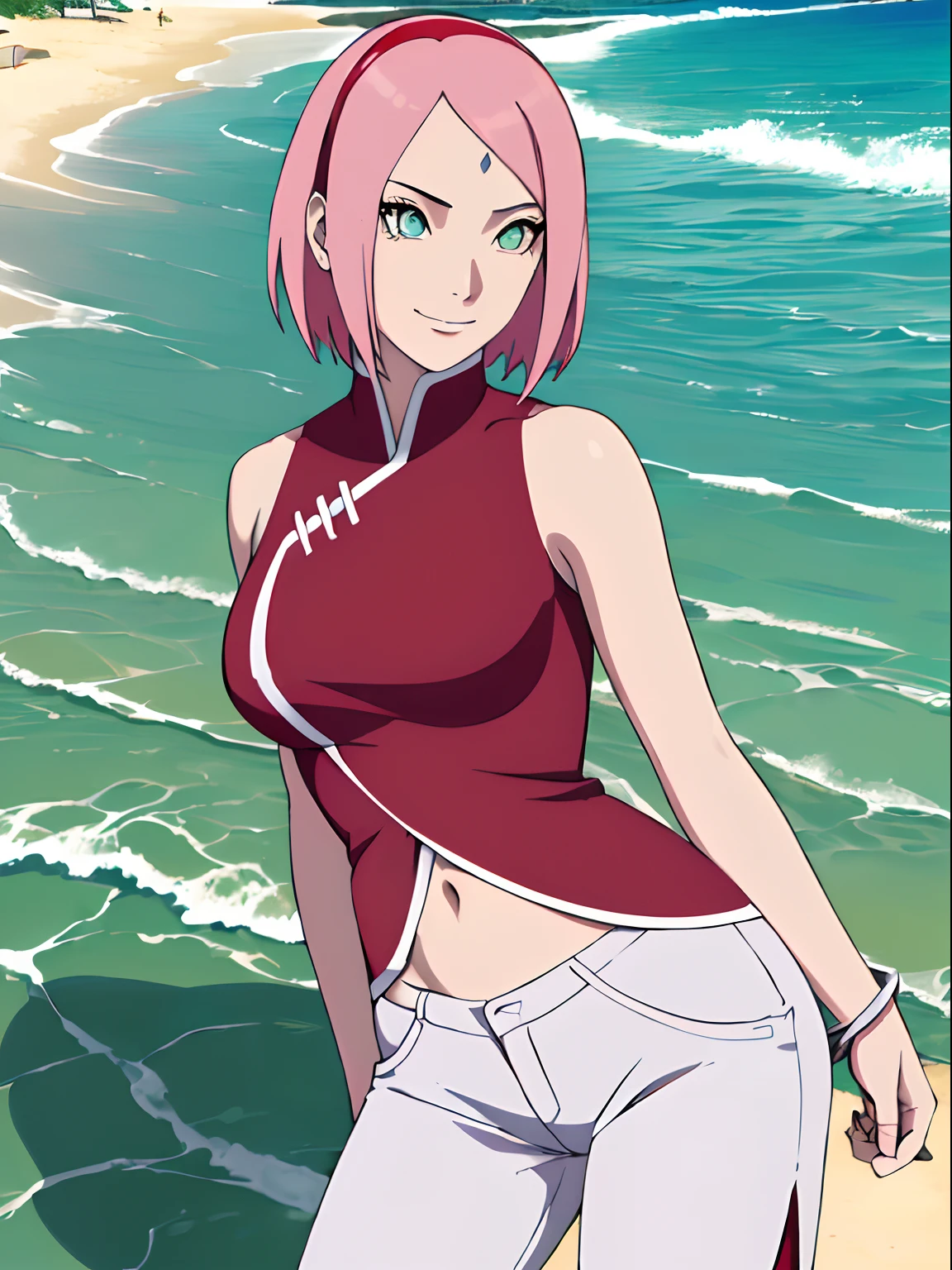 (masterpiece, 1k, anime style, hand drawing, vector coloring, portrait, face shot, professional artwork, detailed beach background, intricate details, colorful, bold drawing lines), (ultra detailed body, ultra detail hair, ultra detail face, attractive, seductive), trending on pixiv, kind smile, very hot color, best quality, 1girl, hires, haruno sakura, contrasty lighting, (forehead mark, milf, red hairband, pale skin, short hair, ((red sleeveless dress), white pants), navel, groin, bracelet, looking at viewer, crossed arms, pink hair, green eyes, smile, beach, wind, floating hair, detailed arms, off-shoulders, muscular arms, standing), sunnyday