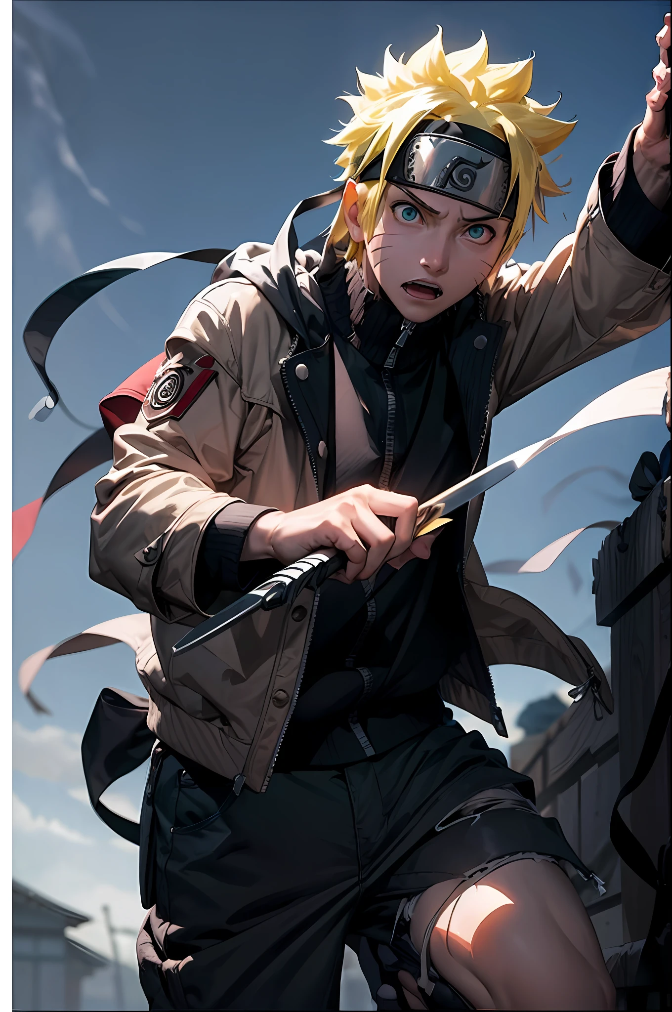 (obra maestra, La mejor calidad), Naruto Uzumaki, 1boy facing Sasuke, su mejor amigo y rival, who has joined the forces of evil that threaten to destroy his village and his dream. Naruto is using his sword and special abilities to defend himself., mientras que en el fondo se ven explosiones y llamas. His expression is one of courage and confidence, without showing any signs of fear or doubt. He is determined to save Sasuke and his village.."