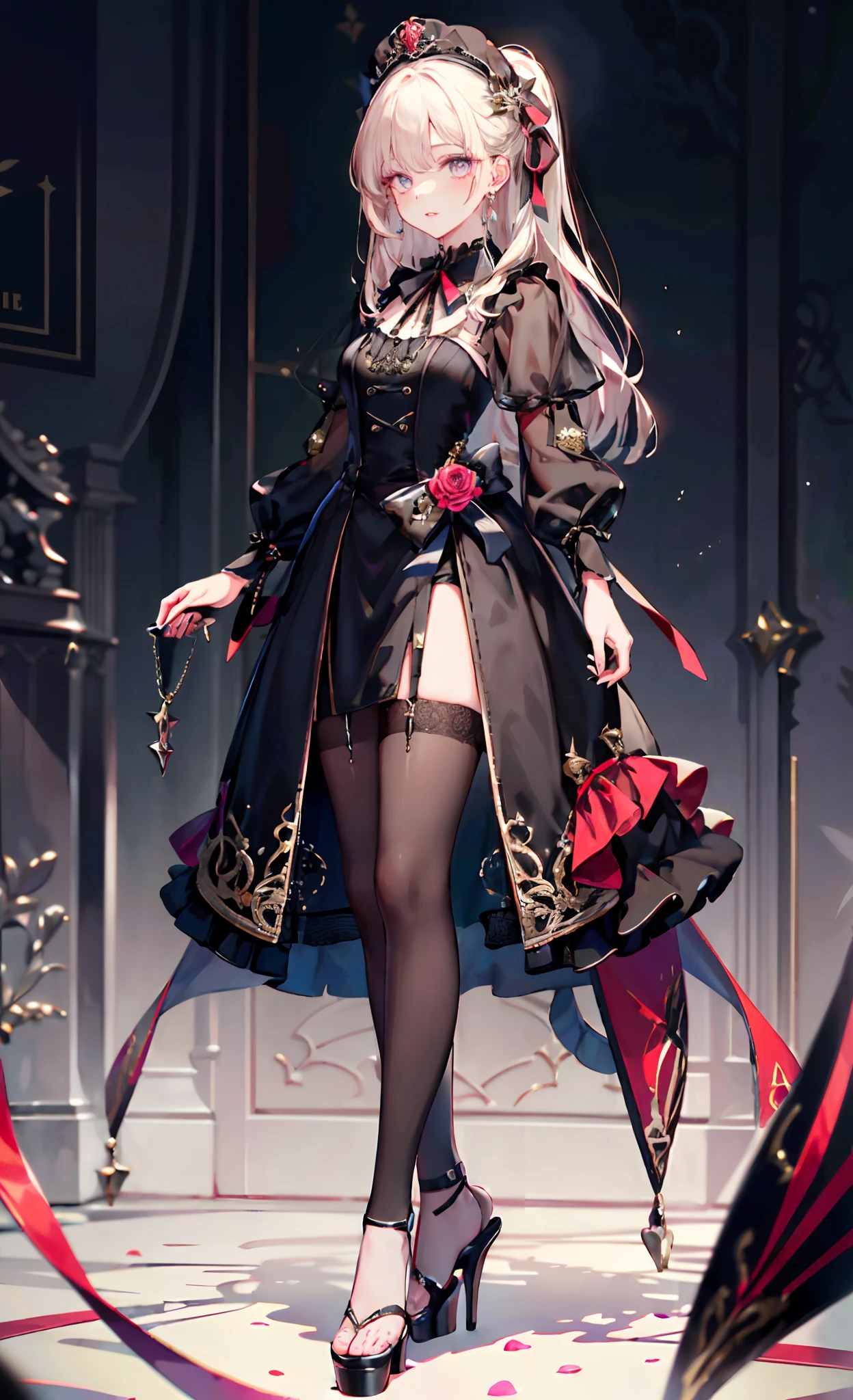 (Complete head：1.9)，meticulous portrayal of face，1 noblewoman，a matural female，Black dress long dress，(black lence stockings+)，(High-heeled ribbon sandals)，(Black stocking feet)，Pink White Long Hair，Prom background， Perfect body， s the perfect face， perfect hand， Perfect Finger， Perfect lips， perfect  eyes， Perfect background