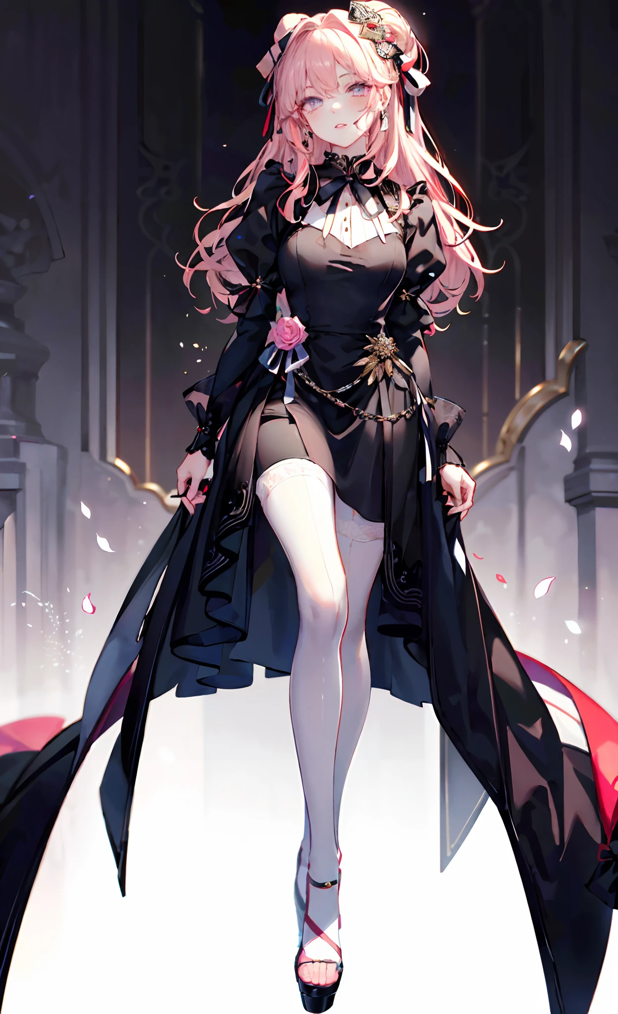 (Complete head：1.9)，meticulous portrayal of face，1 noblewoman，a matural female，Black dress long dress，(black lence stockings+)，(High-heeled ribbon sandals)，(Black stocking feet)，Pink White Long Hair，Prom background， Perfect body， s the perfect face， perfect hand， Perfect Finger， Perfect lips， perfect  eyes， Perfect background