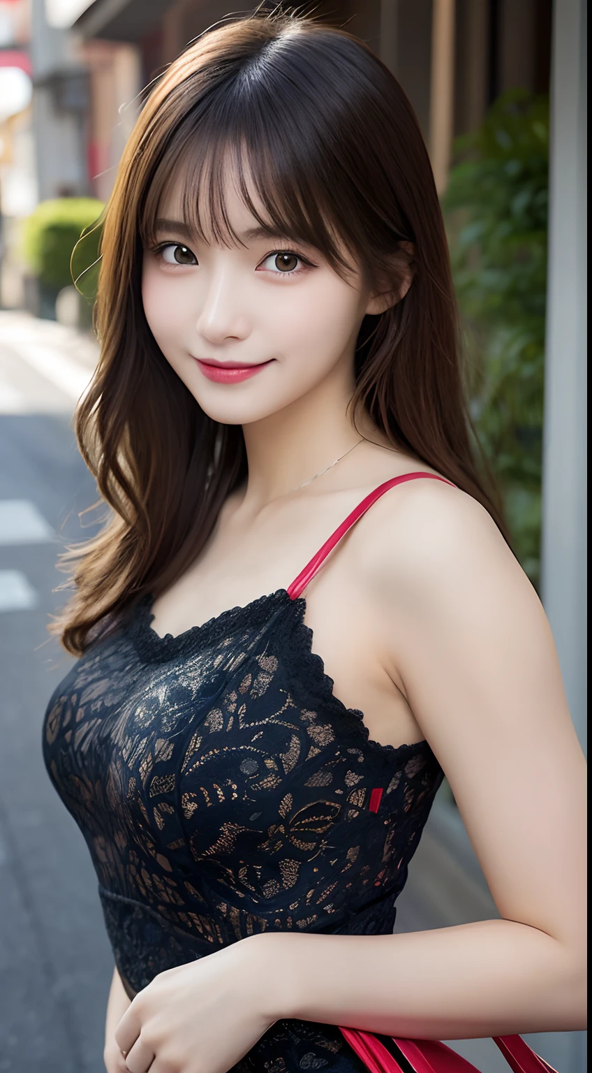 masutepiece, Best Quality, Illustration, Ultra-detailed, finely detail, hight resolution, 8K Wallpaper, Perfect dynamic composition, Beautiful detailed eyes, Women's Fashion Summer,Medium Hair,Small breasts natural color lip, Bold sexy poses,Smile,Harajuku、20 years girl、Cute、Sexy shot looking at camera