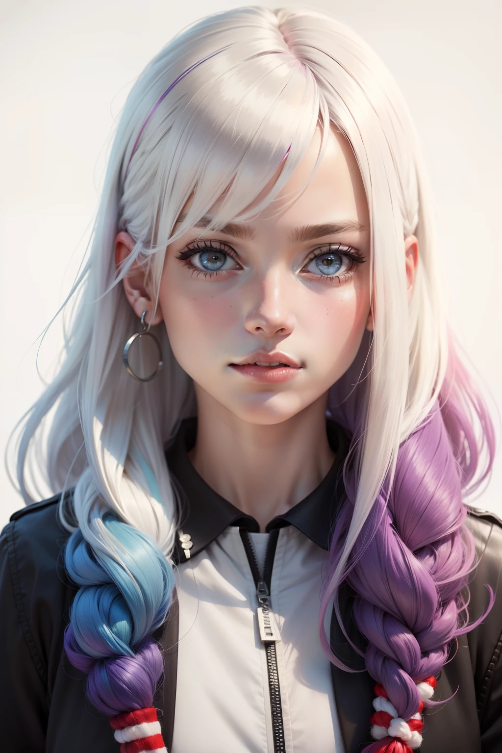 portrait of a american girl having colorful hairs, white background, realistic