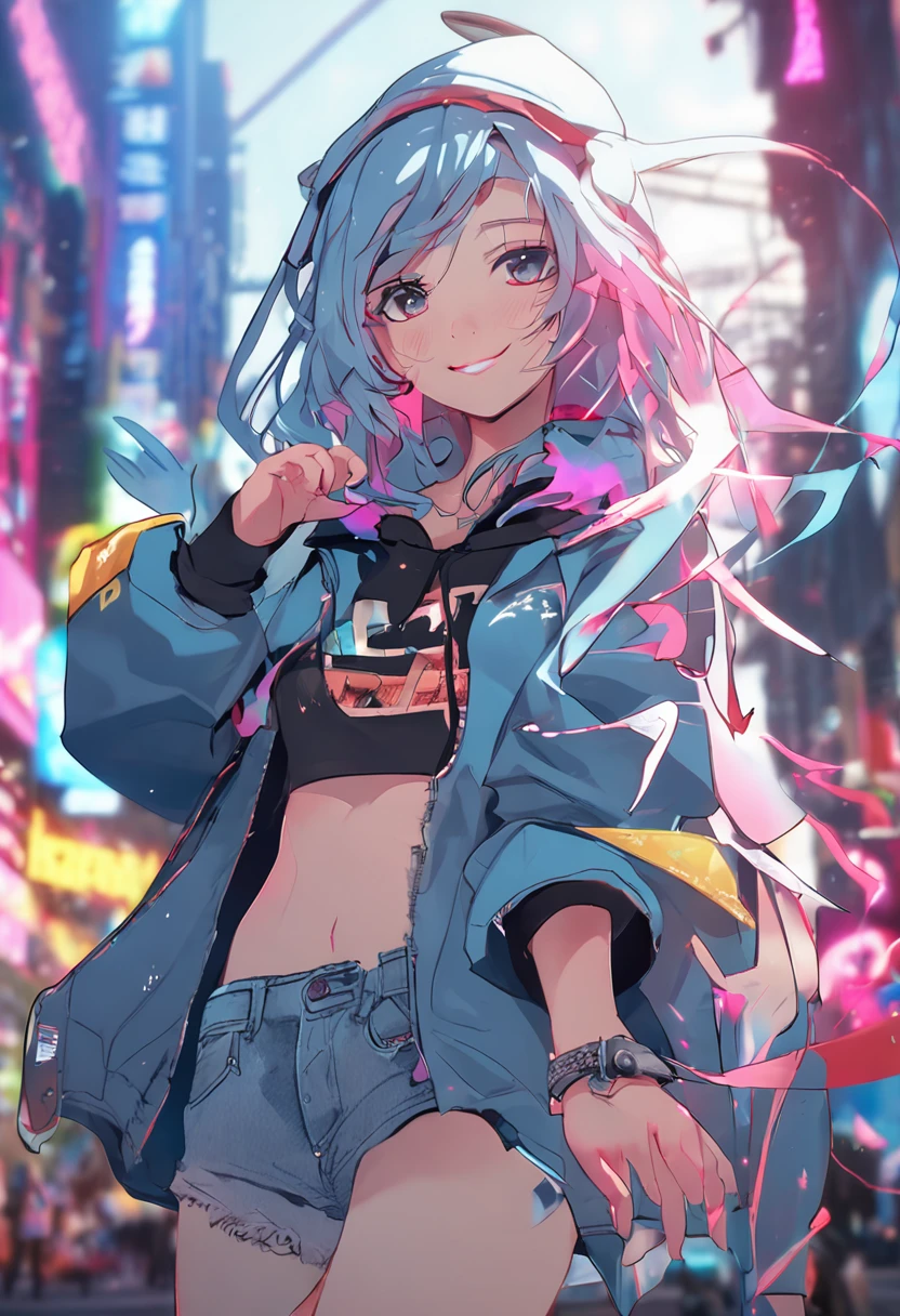 "Image Quality: 8K (Best Quality Scale: 1.2), Artistic Style: Realistic, Photorealistic Factor: 1.37, Clarity: Ultra High Definition, Subject:1girl flying above stunning cityscape ,hoodie,blue hair, neon color shooting stars, very long hair, off shoulder, feather hair ornament, neon colors, flashes, stunning night sky,  Girl (16 yearble Features: Pleasant Smile, Closed Mouth, Exquisite Details, Lovely Nose, Composition: Full Body, Damp Hair, Context: Amidst Colossal Dalsefo,, Attire: snow white T Shirt, Angel wings very detailed