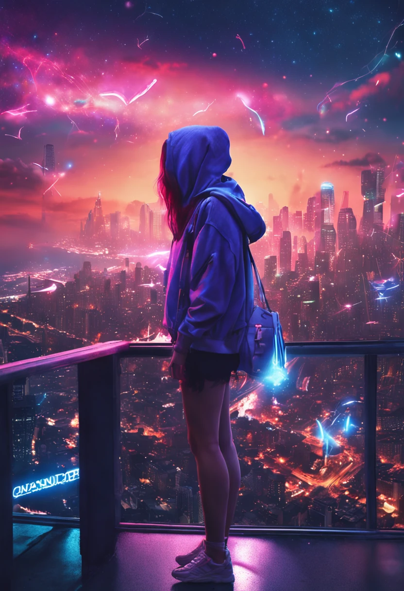 "Image Quality: 8K (Best Quality Scale: 1.2), Artistic Style: Realistic, Photorealistic Factor: 1.37, Clarity: Ultra High Definition, Subject:1girl flying above stunning cityscape ,hoodie,blue hair, neon color shooting stars, very long hair, off shoulder, feather hair ornament, neon colors, flashes, stunning night sky, Teenage Girl (************), Notable Features: Pleasant Smile, Closed Mouth, Exquisite Details, Lovely Nose, Composition: Full Body, Damp Hair, Context: Amidst Colossal Dalsefo,, Attire: snow white T Shirt, Angel wings very detailed