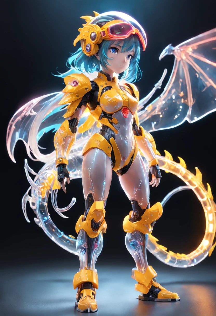 chinesedragon, (Blind box toy style:1.2), (Full body shot) , 1 Transparent girl,Behind him is a transparent Chinese dragon, Transparent mech, Exquisite helmet:1.2, Luminous goggles:1.2, Cyberpunk, dreamy glow, luminous neon lights, Clean, White background, ( Global illumination, Ray traching, hdr, unreal render,reasonable design, high detal, Masterpiece, Best quality, hyper HD, Cinematic lighting)