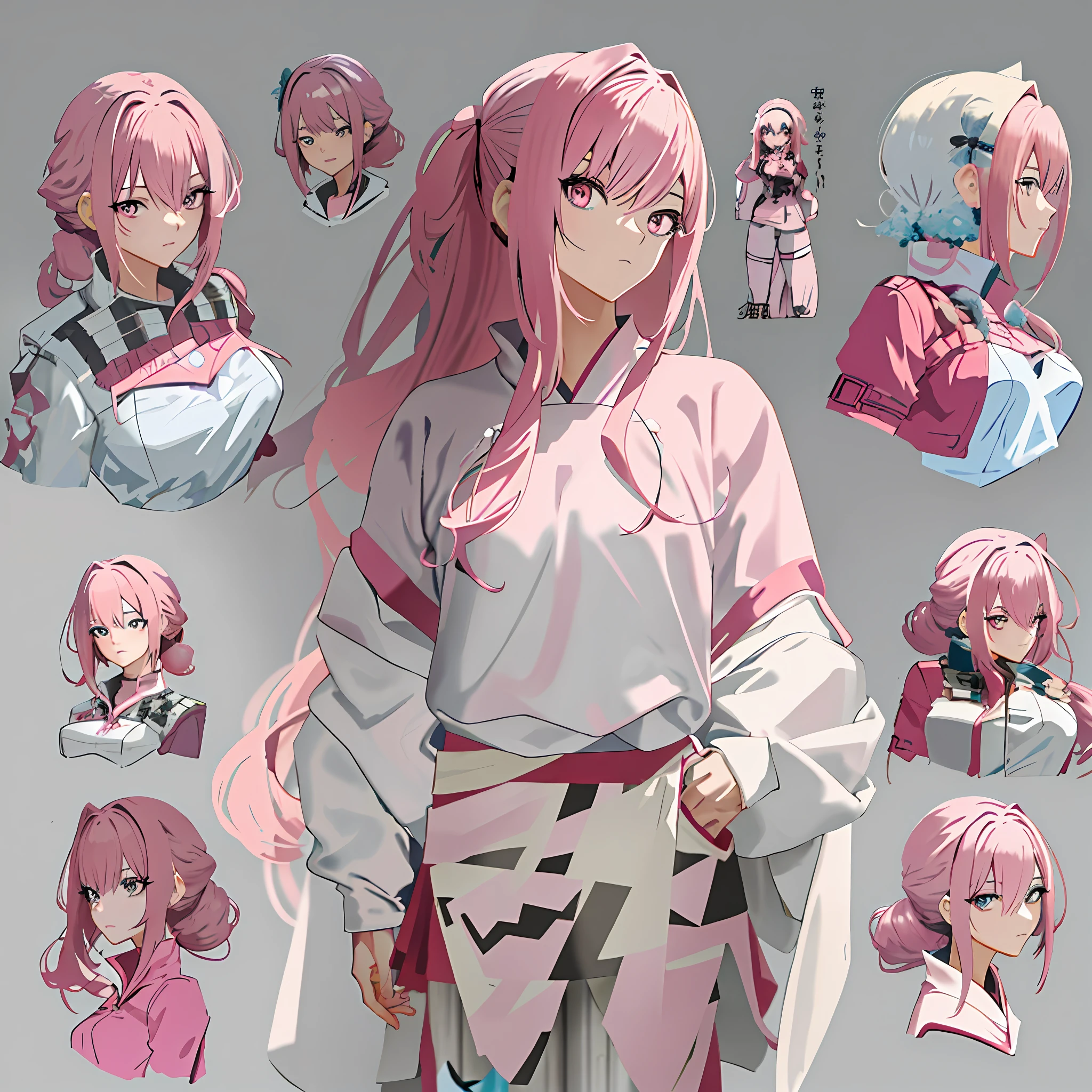 Anime character pose of a woman with pink hair and various facial expressions, detailed anime character art, Anime character art, trending on artstation pixiv, anime concept art, Guweiz in Pixiv ArtStation, Anime character design, anime figure, Guweiz on ArtStation Pixiv, pink twintail hair and cyan eyes, Pixiv style, anime style character