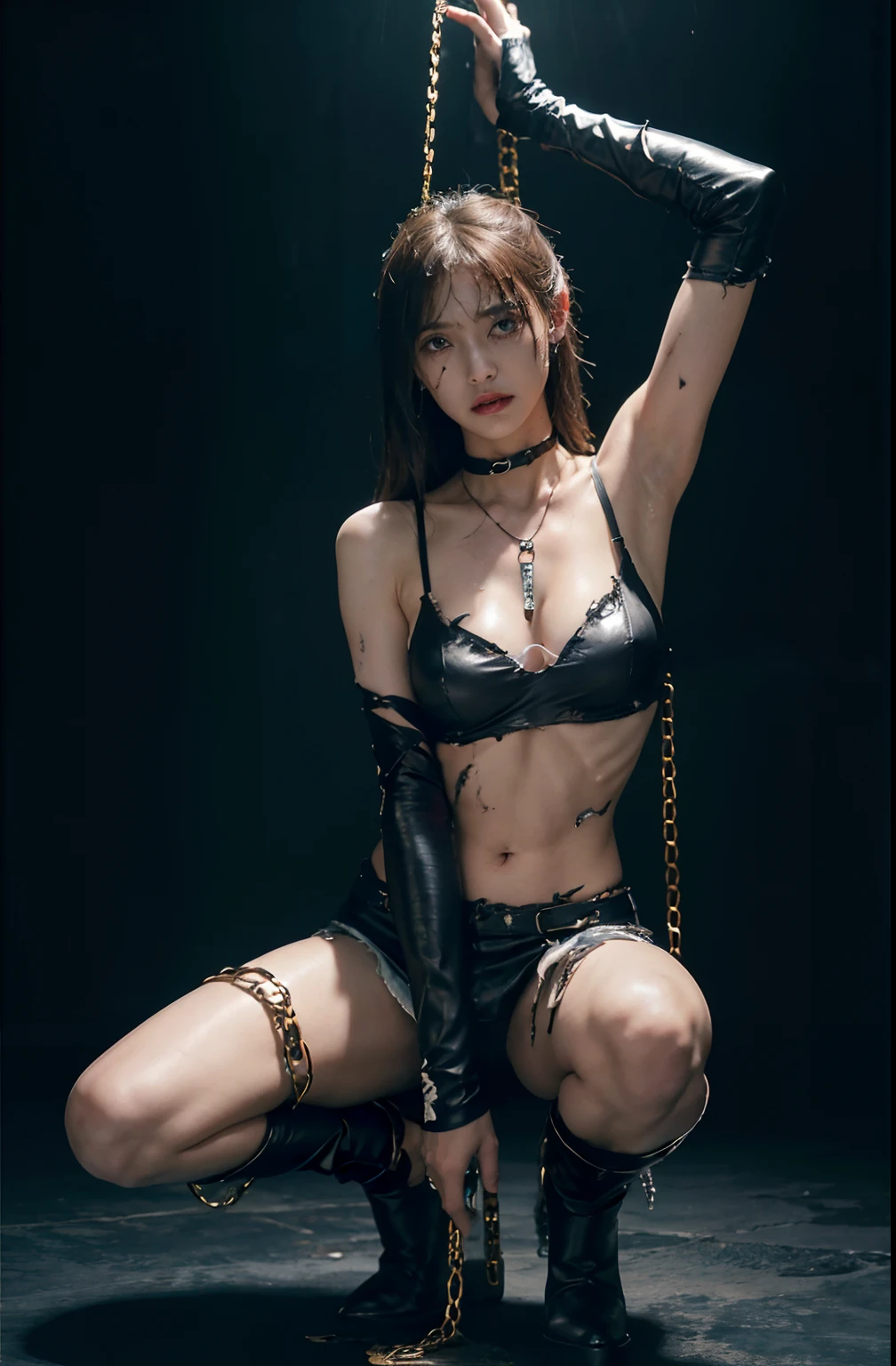 - [ ] Realistic material details、 Extreme Detail、Ultra-realistic materials、((Wearing a torn sheer costume of a superheroine))、Beautiful girl with slender abs visible:1.4、Six Pack Abs:1.4、Bust Botox、((tip sticking out、the areola protrudes、The shape of the pubic area is clearly visible))、(Fully tied with a chain)、restraine、Slave、Choker、disdain、((Tears flow、Crying in pain))、sweating、((A vast prison with sunlight))、dark fantasy、Peeling ceiling、Slab breakage、Rebar between cracks、broken walls、(((Torn costume)))、WET、cloudy、((Chained))、((Big highlighted by chains))、((Iron rod in the crotch))、((Hands tied behind their backs、Invisible hand))、(No pantie、No bra)、Shredded costumes、Broken golden shield and battle spear、Combat shoulder armor、Junkyard、There is blood on the face、Blood is splattered、real、(bruise、Dirty、torn clothing、Reveal clothing、Blood:1.3)、brown Hair、hair long、Torn cloak、Torn pantyhose、Long Legs、One leg suspended by a chain、Metallic fetters、The fetters on his left ankle are chained from the ceiling.、Wet crotch is clearly visible、shooting from below、Swarovski sword and shield at the foot、Anatomical、(Futuristic sci-fi battle fashion、Cracked elbow and knee cyberpad、Torn Cyber Long Boots、Torn Cyber Globe:1.1)、(((Y-Shaped Balance Pose)))、((The left leg is stretched upwards by a chain of fetters)) 、wet crotch、wet thighs、 photos、Sharpness、Unique 850 4、Koda850 k Portrait Camera、 F1.6 lens、ultra-realistic textures、Magnificent light textures、Cinestil 800 Fashion Mechanics、The stick is stuck in the crotch