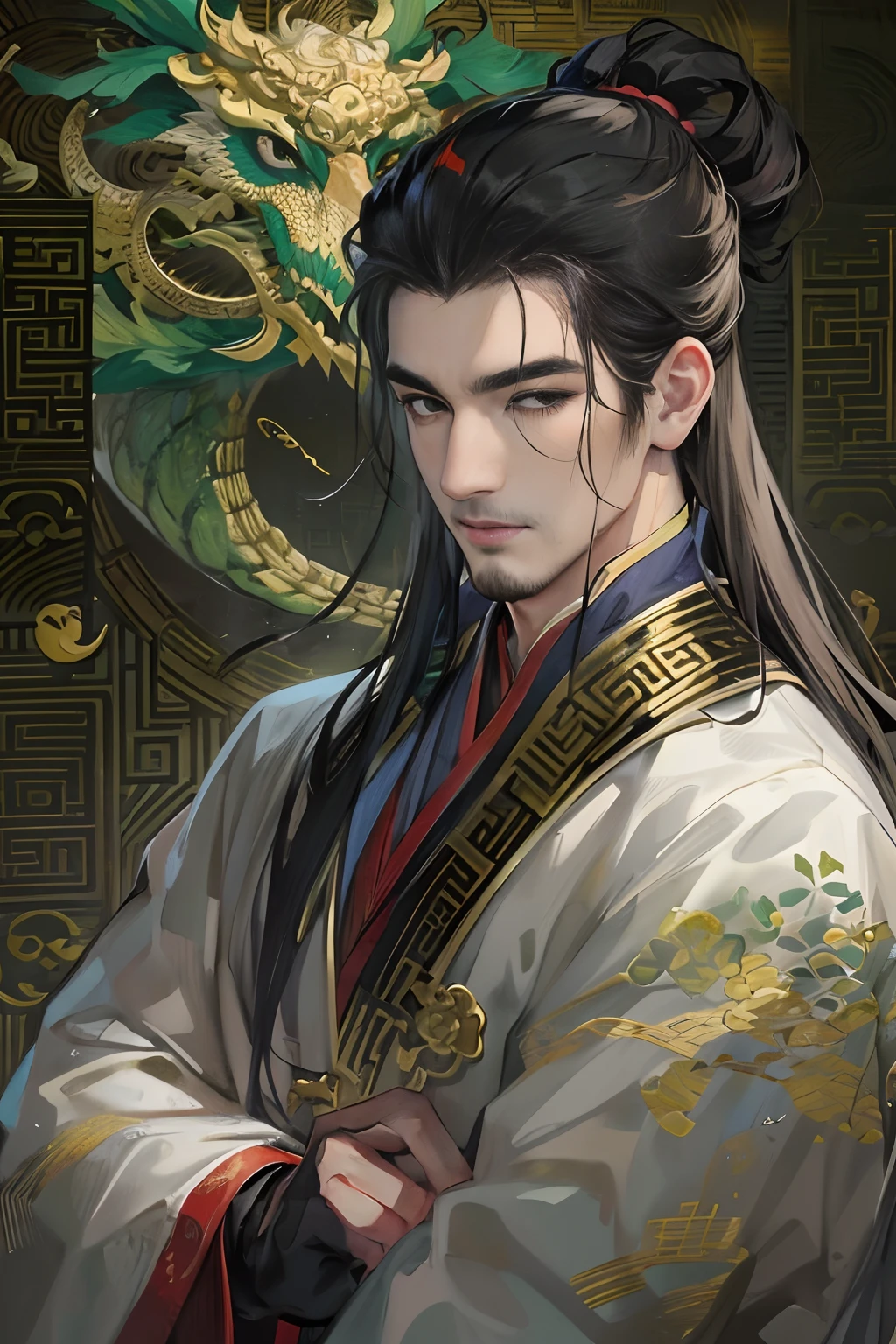 Masterpiece, Best quality, Night, full moon, 1 man, Mature man, Ancient China, Chinese palaces,Takeshi Kaneshiro, Black hair, Black eyes, Split ends of hair, Long hair, Long bangs, Handsome, Diao noodles，Handsome, Masculine, Chinese Jianbao, gentle, Tall, calm, Black and gold alternating costumes, Gold pattern, Dragon pattern, prince, Sword pairing, Side, Facial details, The face is delicate