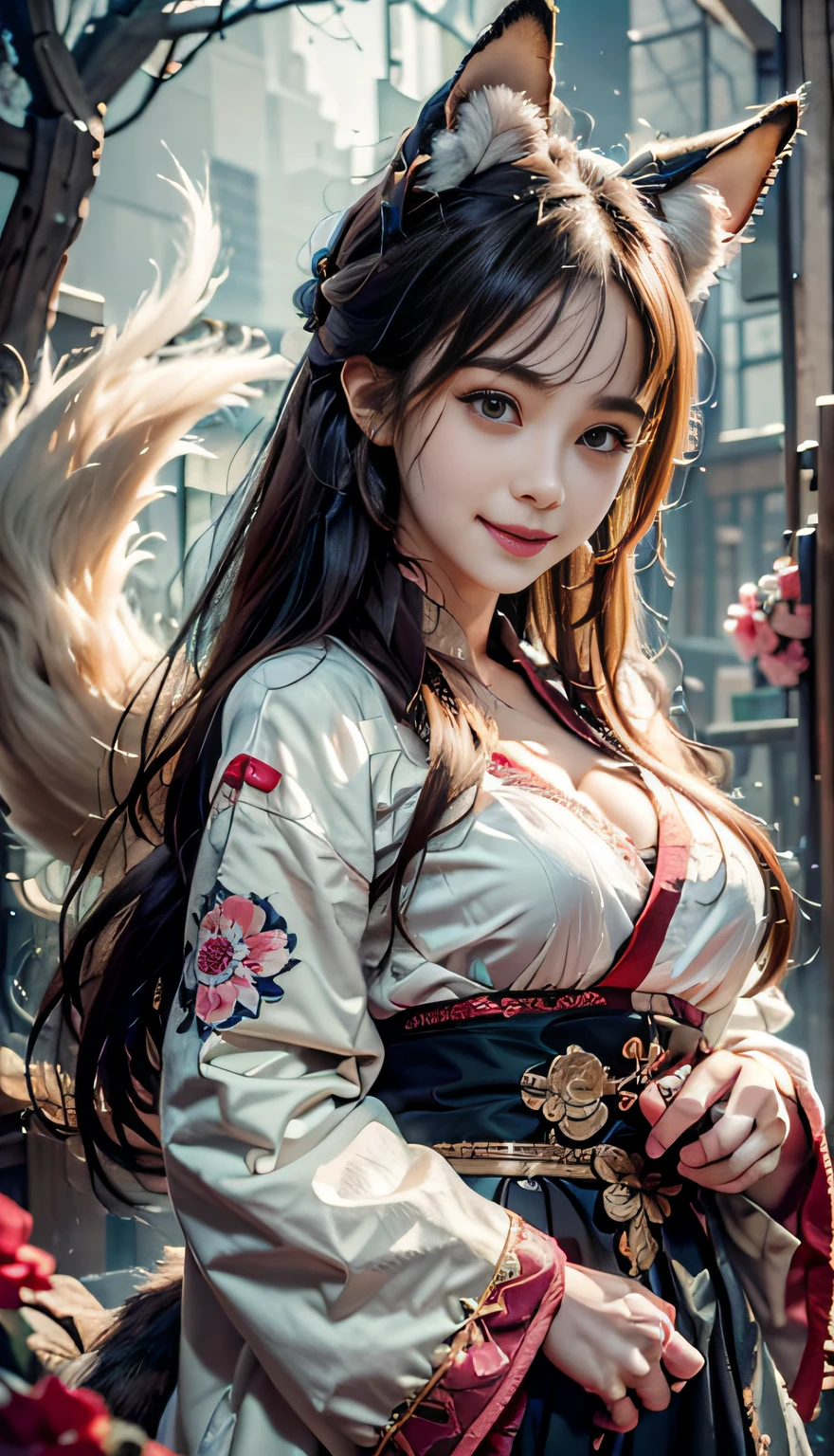 1girll,Solo, Happy smiling official art, Unity 8k wallpaper, Ultra detailed, Beautiful and aesthetic, Beautiful, Masterpiece, Best quality, Kitsune witch, kitsune mask, Pink and white haori jacket, Foxfire spell, The fox is familiar, Transformation,Depth of field