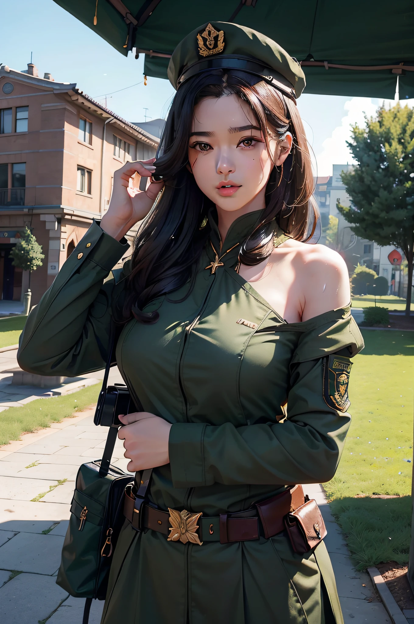 Very detailed CG unity 8K wallpaper，（tmasterpiece），（best qualtiy），（ultra - detailed），（Ultra photo realsisim），（best character detail：1.36），Nikon D750 f / 1.4 55mm，profesional lighting， physically-based renderingt, 1girll, Female soldier，army suit，Dark green military uniform，Fabric texture military uniform，（（（Headband with officer's hat））））（((Hanging a firearm：1.2)），Pure white lining，Dark green tie，Black hair，the golden ratio,[:(com rosto detalhado:1.2):0.2]:,PureErosFace_V1, broad shoulder,,(big assa:1.5)，Soaked with sweat，red flags，In the square，Splendid scenery，bright sun，upper body photos，Place your hands on your chest，