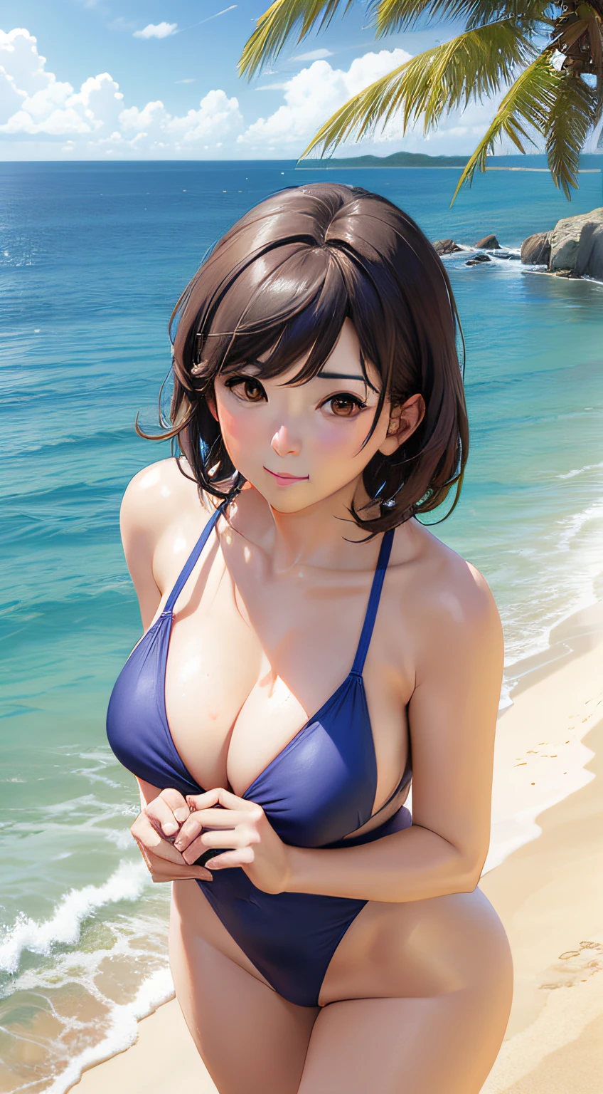 Beautuful Women、gravure、Japanese、realisitic、A dark-haired、short-hair、Adult Woman Separate Swimsuit Detailed depiction of swimsuit and pseudo-realistic CG image、Top resolution、high-level image quality、crisp detail、Sunny beach、Sandy coast、blue sea、Cool breeze、Portrait of a beautiful woman in a swimsuit expressing a scene that feels the glow of summer