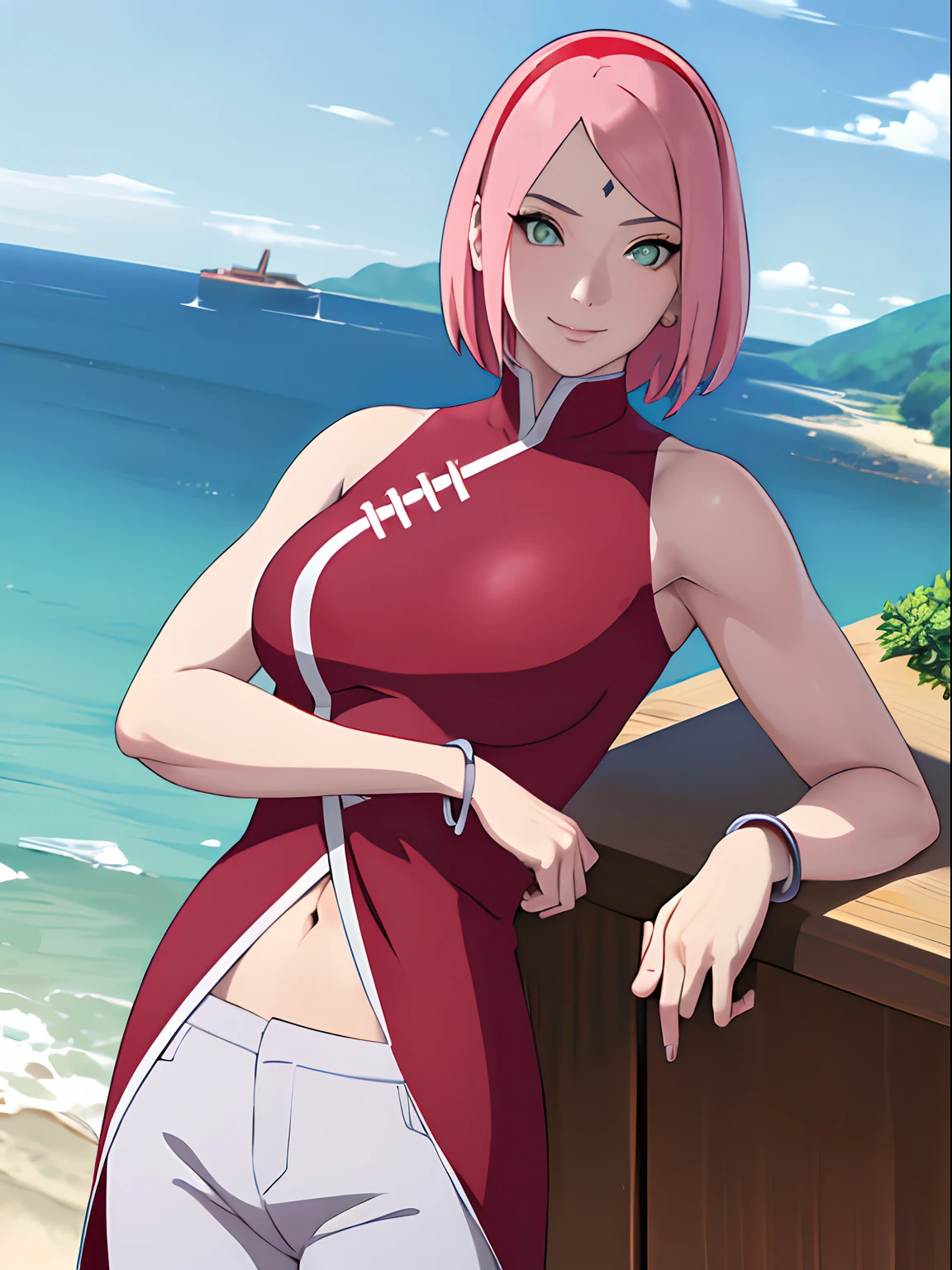 (masterpiece, 1k, anime style, hand drawing, vector coloring, portrait, face shot, professional artwork, detailed beach background, intricate details, colorful, bold drawing lines), (ultra detailed body, ultra detail hair, ultra detail face, attractive, seductive), trending on pixiv, kind smile, very hot color, best quality, 1girl, hires, haruno sakura, contrasty lighting, (forehead mark, milf, red hairband, pale skin, short hair, ((red sleeveless dress), white pants), navel, groin, bracelet, looking at viewer, crossed arms, pink hair, green eyes, perfect eyes, white sciera, anime eyes, smoky eyeliner, eyeshadow, perfect face, smile, beach, wind, floating hair, detailed arms, off-shoulders, muscular arms, standing), sunnyday